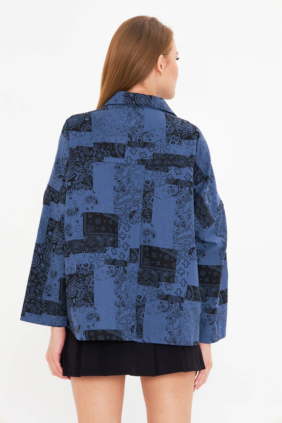 Woman Dark Blue Patterned Pocket Detail Shirt Jacket ARM-25K001071