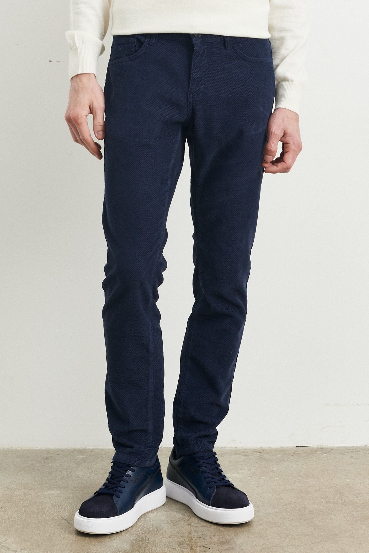 Men's navy blue slim fit narrow cut flexible velvet pants