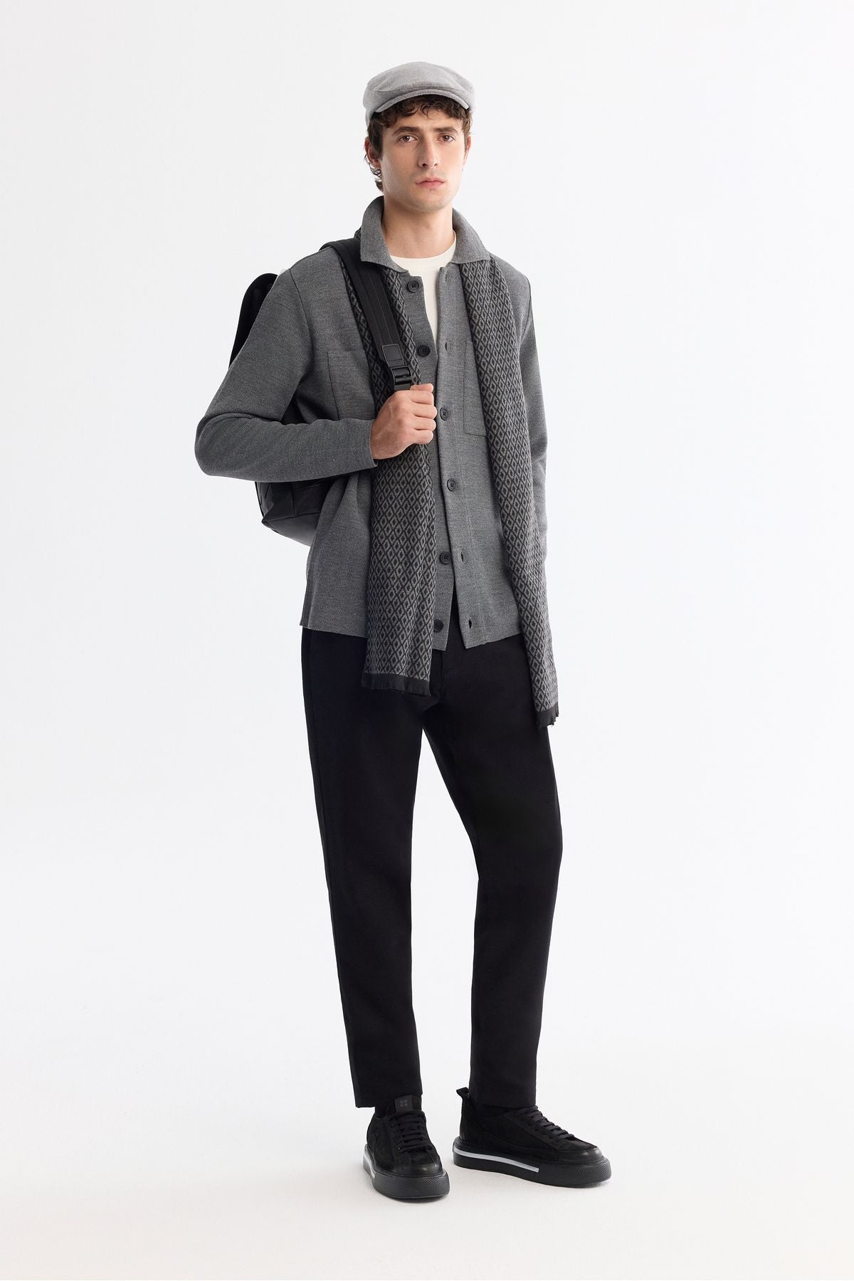 Men's gray polo collar button woolen cardigan A42Y5048