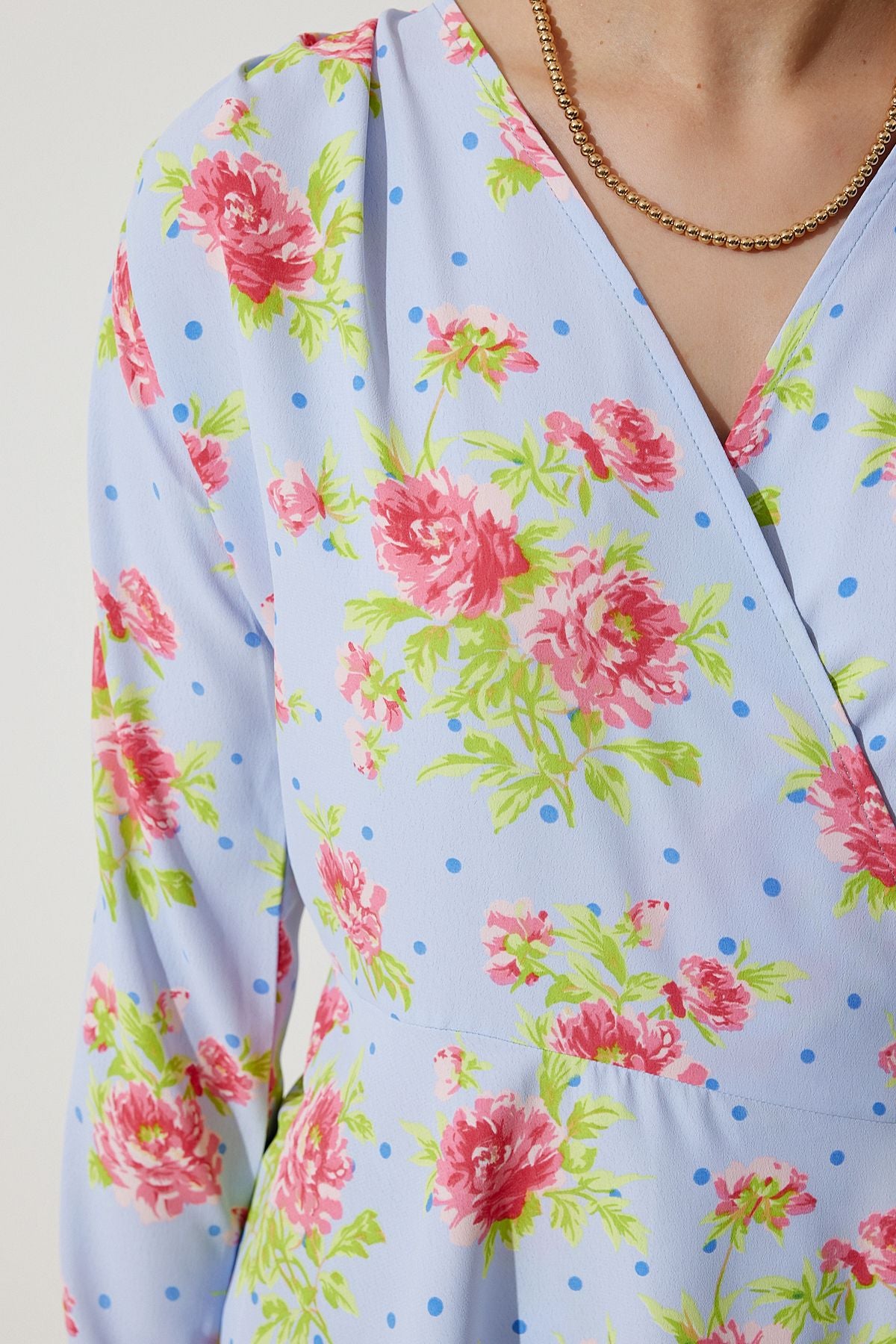 Woman Sky Blue Flower Mini Anvelop Chiffon Dress UB00274