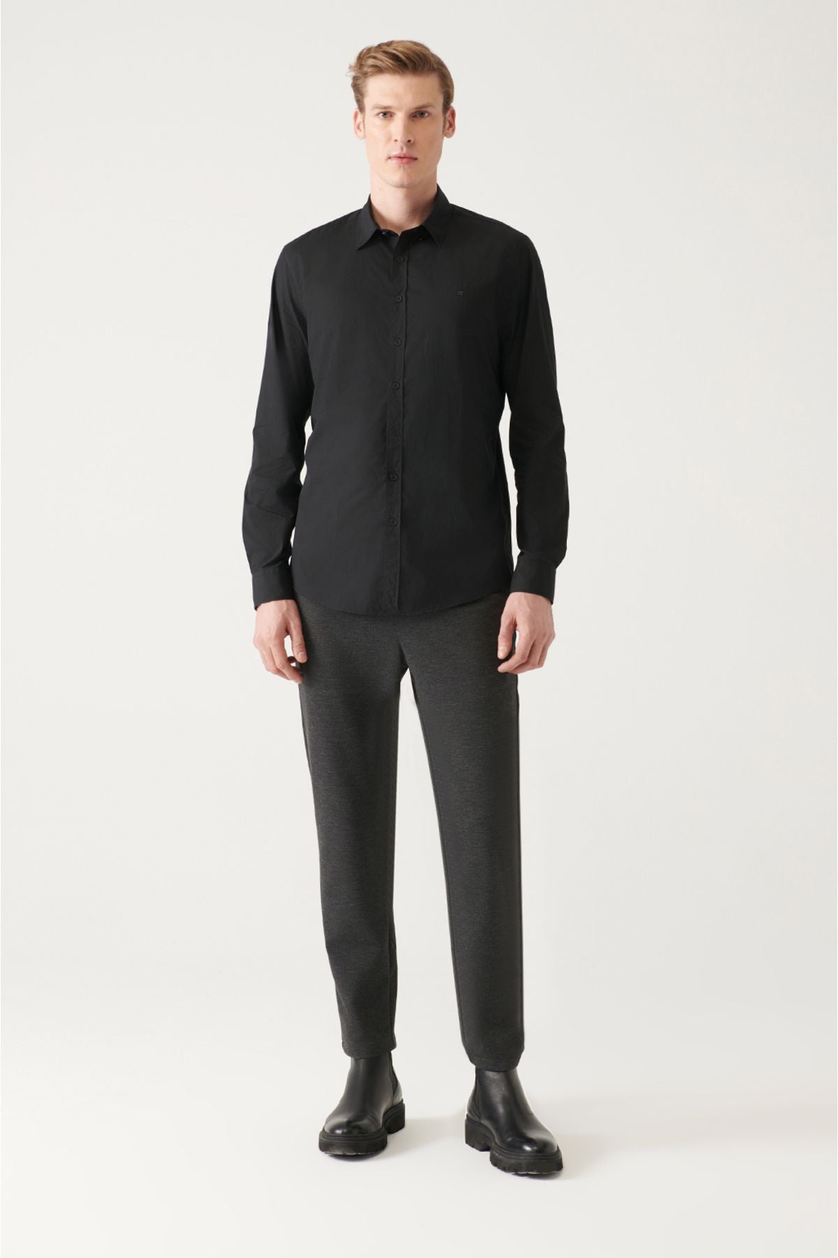 Men's black button collar basic 100 %cotton shirt B002030