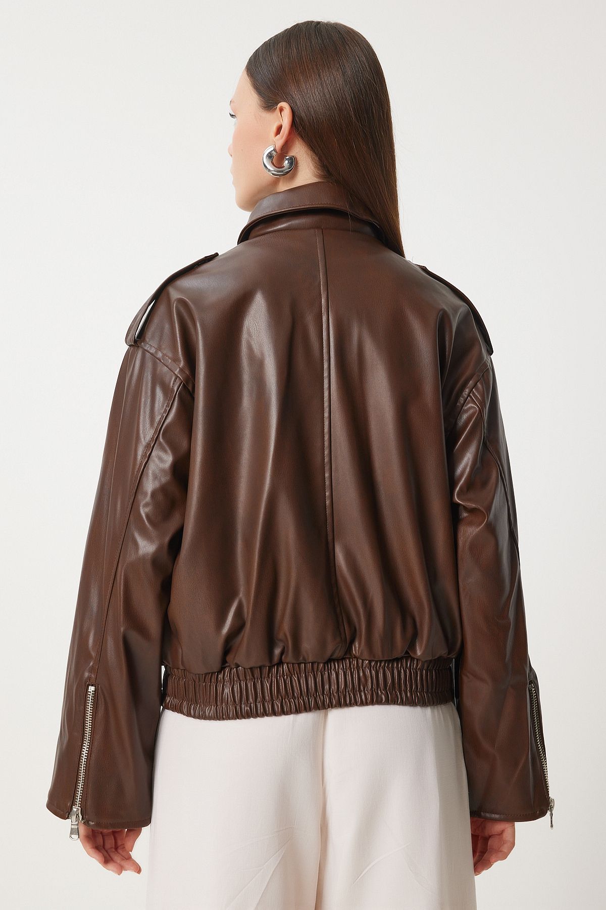 Female Brown Vintage Video Artificial Leather Biker Coat FN03382
