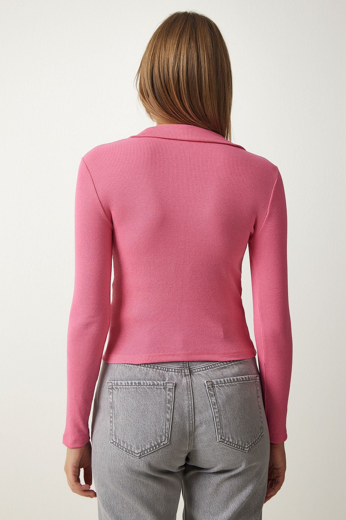 Woman pink polo collar wick knitted blouse GT00111