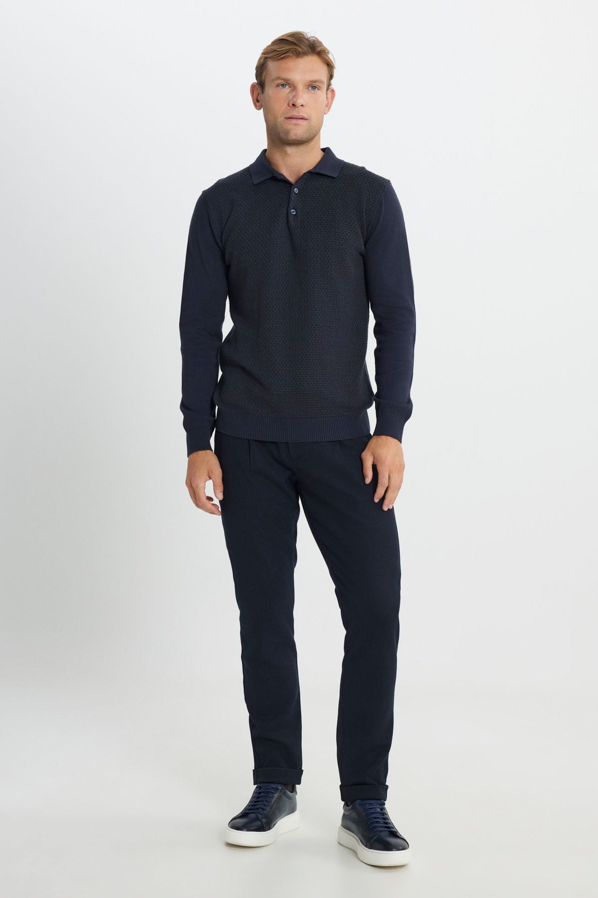 Men's Navy Blue Cotton Standard Fit Normal Cut Polico Sweater with Jacquard