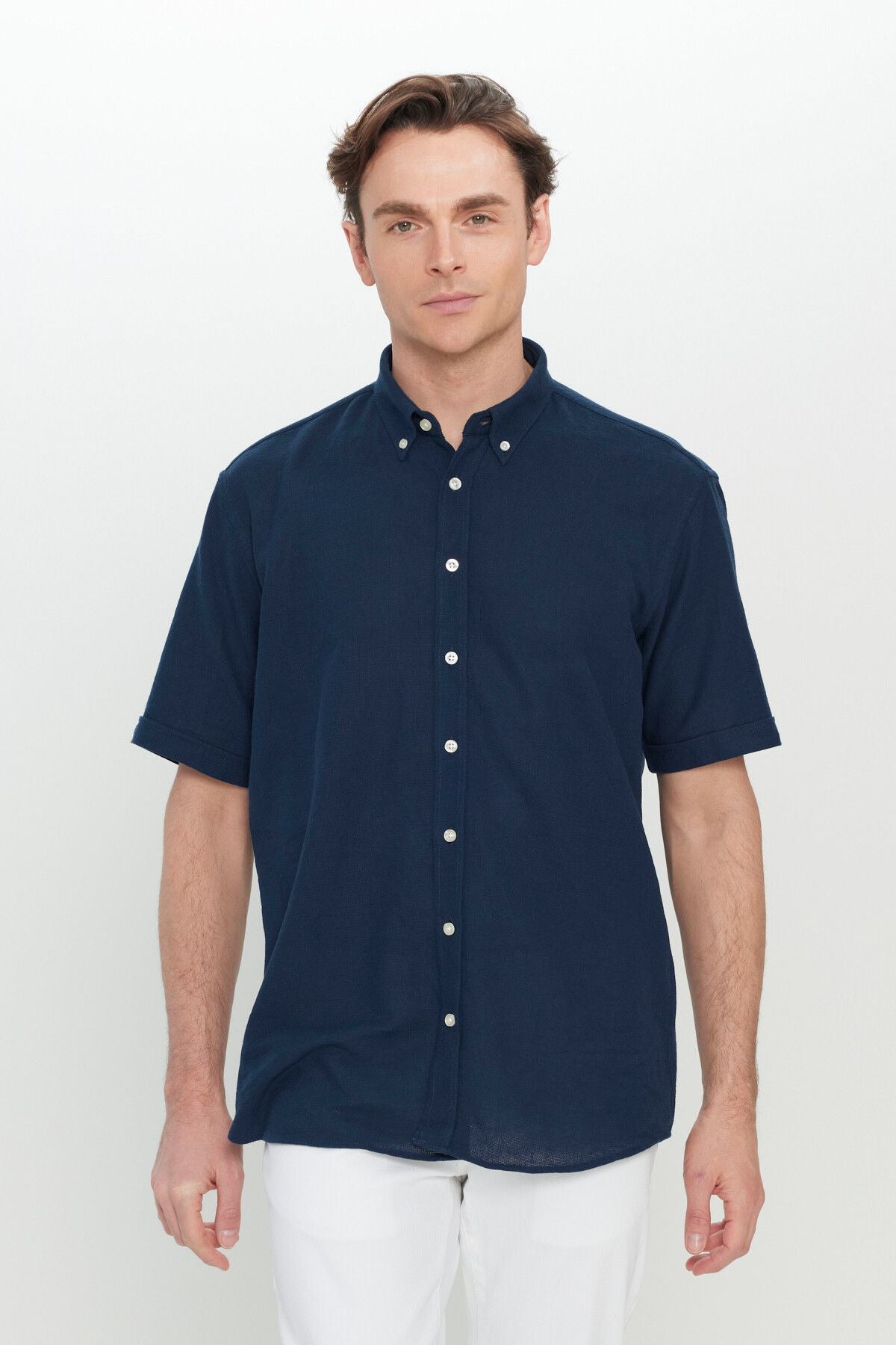 Men's Navy Blue 100 %Cotton Comfort Fit Fit Fit cut buttoned shirt collar Amesty shirt