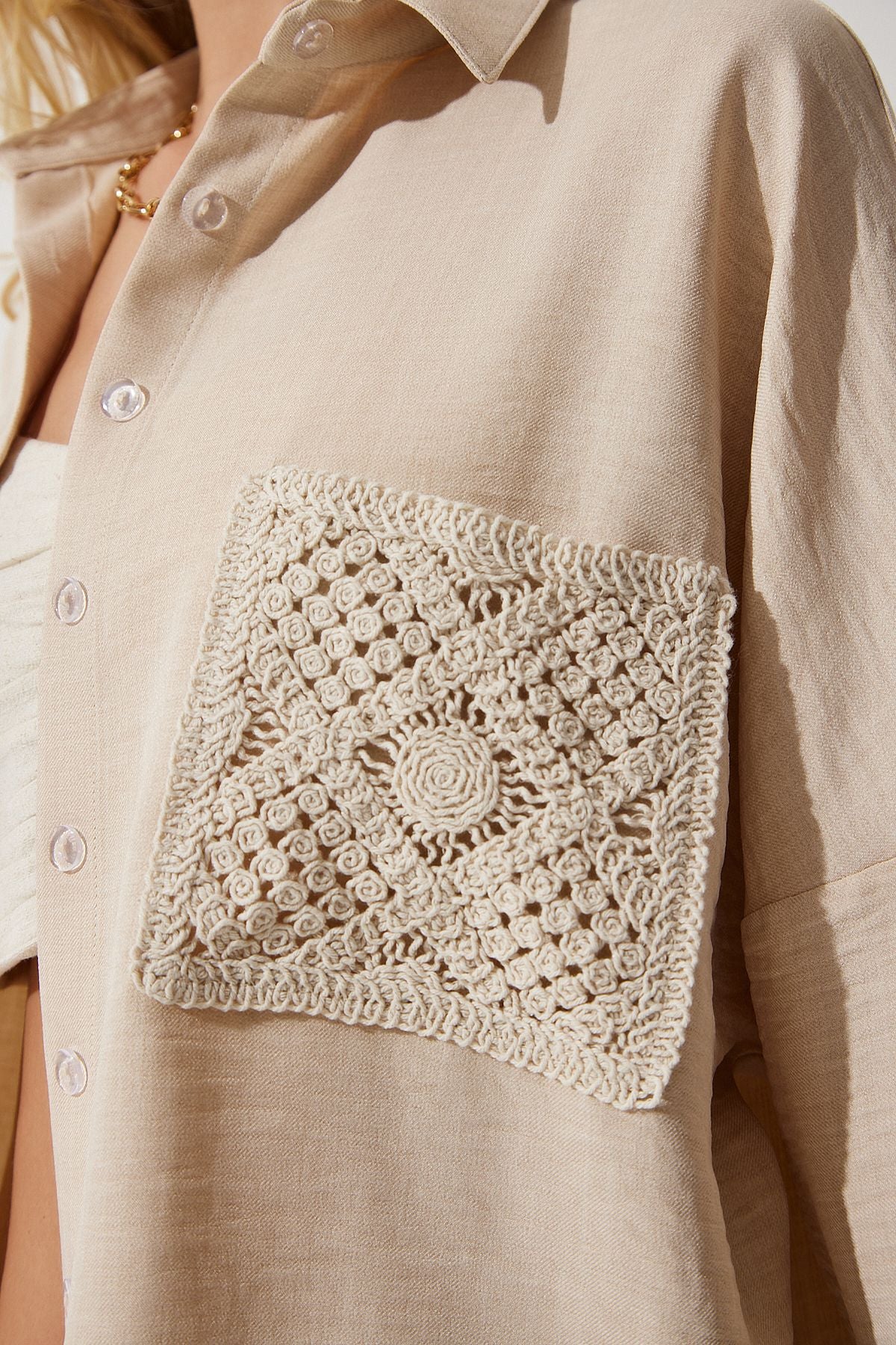 Woman Dark Beige Lace Detail Linen Shirt TP00018