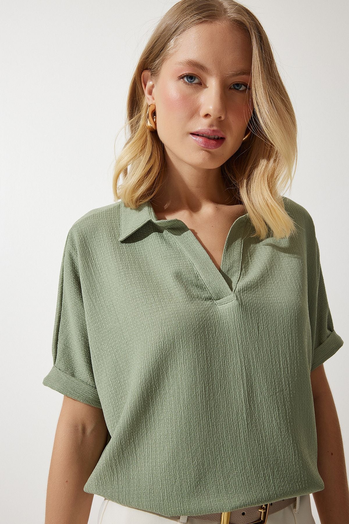 Woman Khaki Polo Yaka Knitting Krinkıl Blouse DD01299