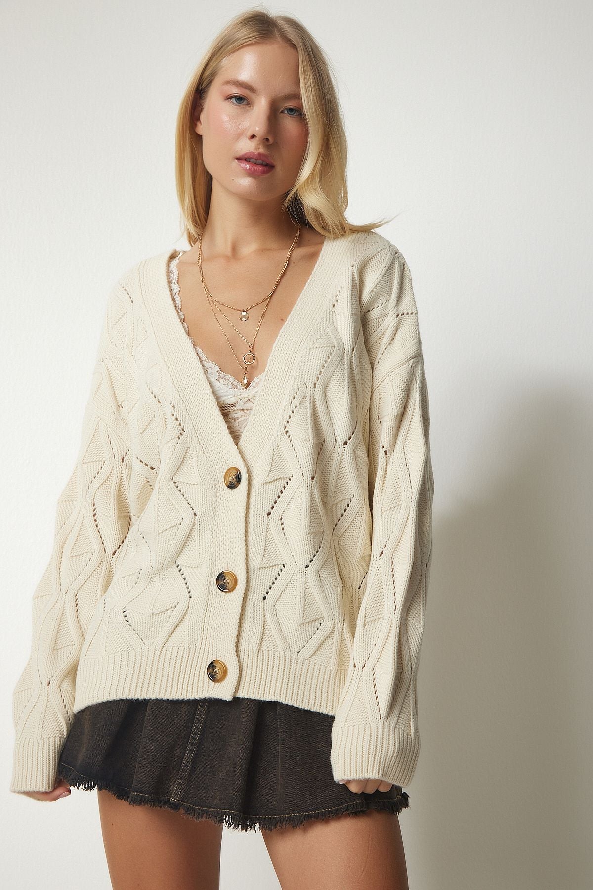 Women's Cream Knitting Motif Offer Triko Cardigan PF00014