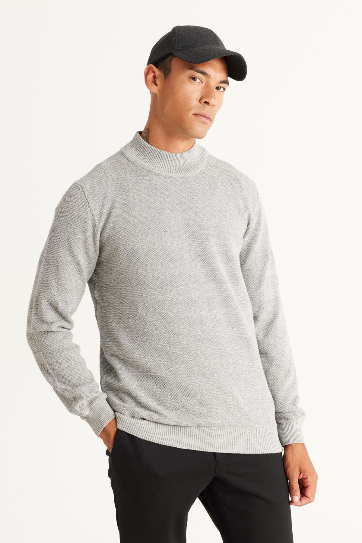 Men's Gray Melanj Standard Fit Normal Cut Half Fisherman Neck Cotton Cotton Knitwear Kazakh