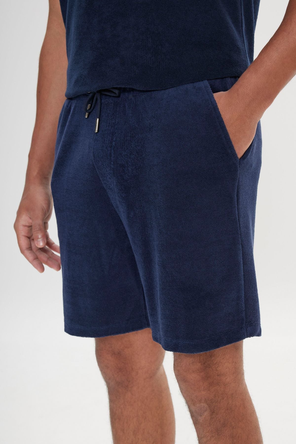 Men's navy blue standard fit normal cut towel shorts