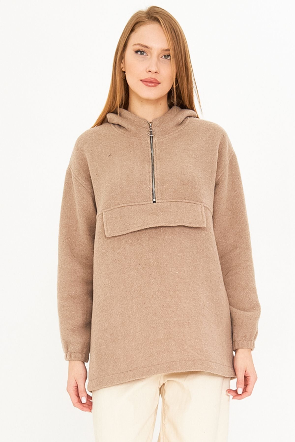 Female Beige Hooded Mobile Caple Stamp Sweatshirt Arm-25k001097