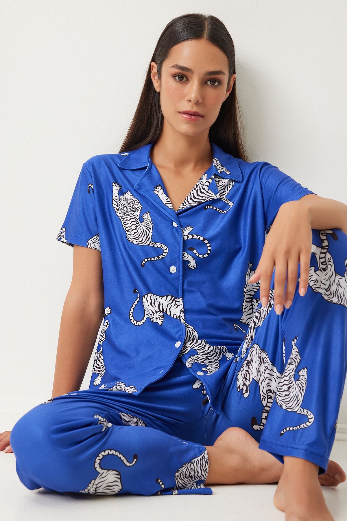 Woman Dark Blue Patterned Shirt Pants Knitting Pajama Set FP00006