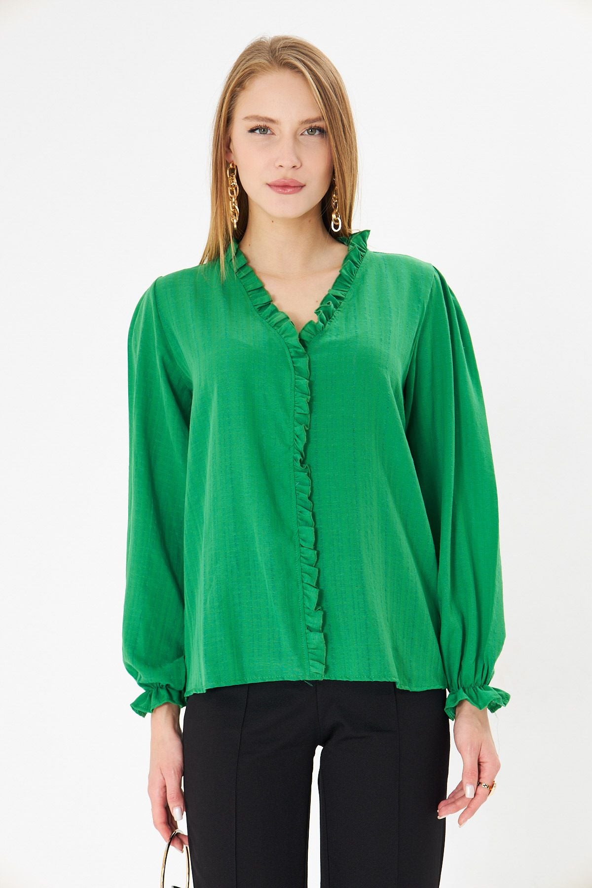Female Green Side and Ruffle Detail Arms with Rubber Long Sleeve Blouse Arm-25k001030