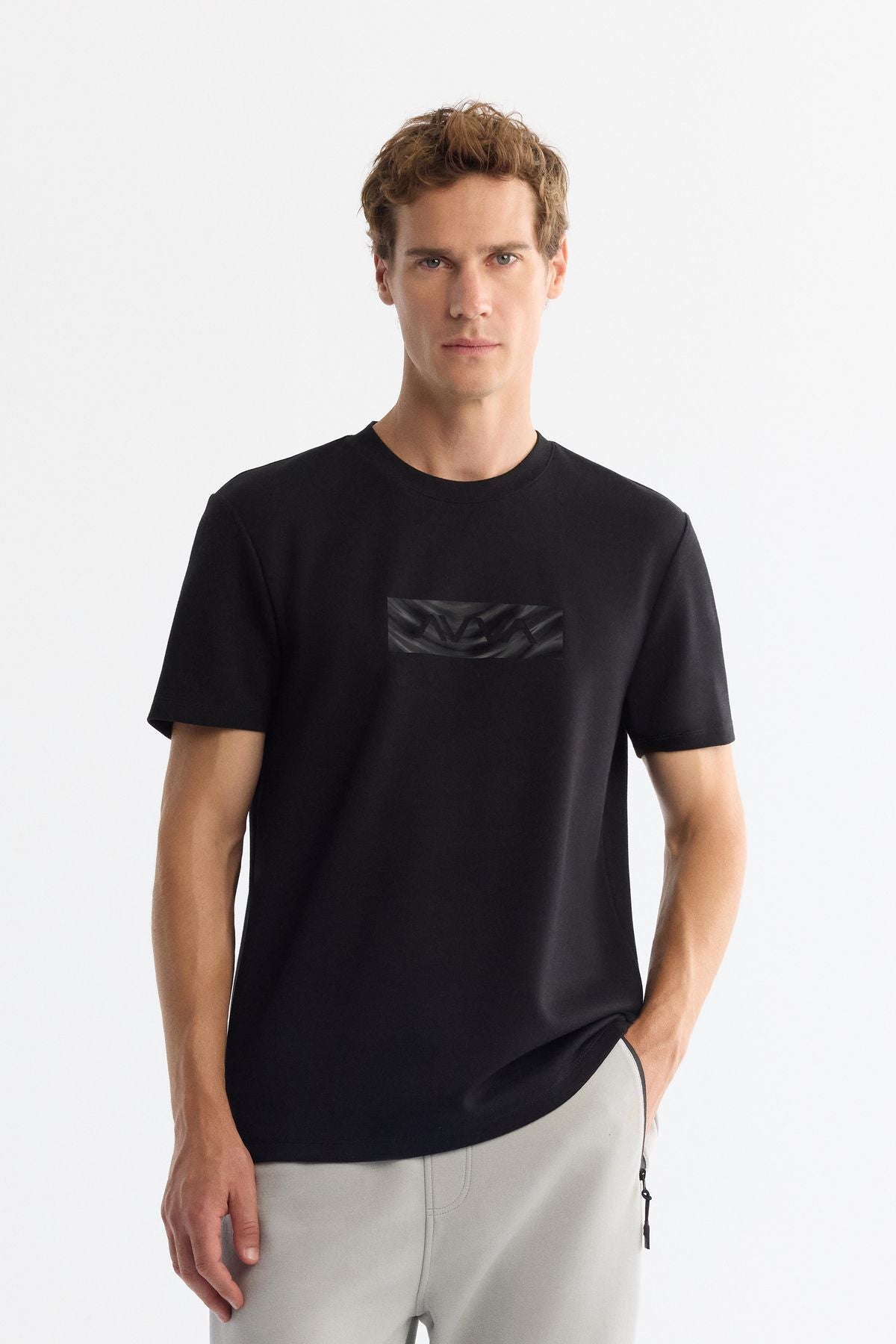 Men's Black Bicycle Collar Printed Elastan T-Shirt A42y1007