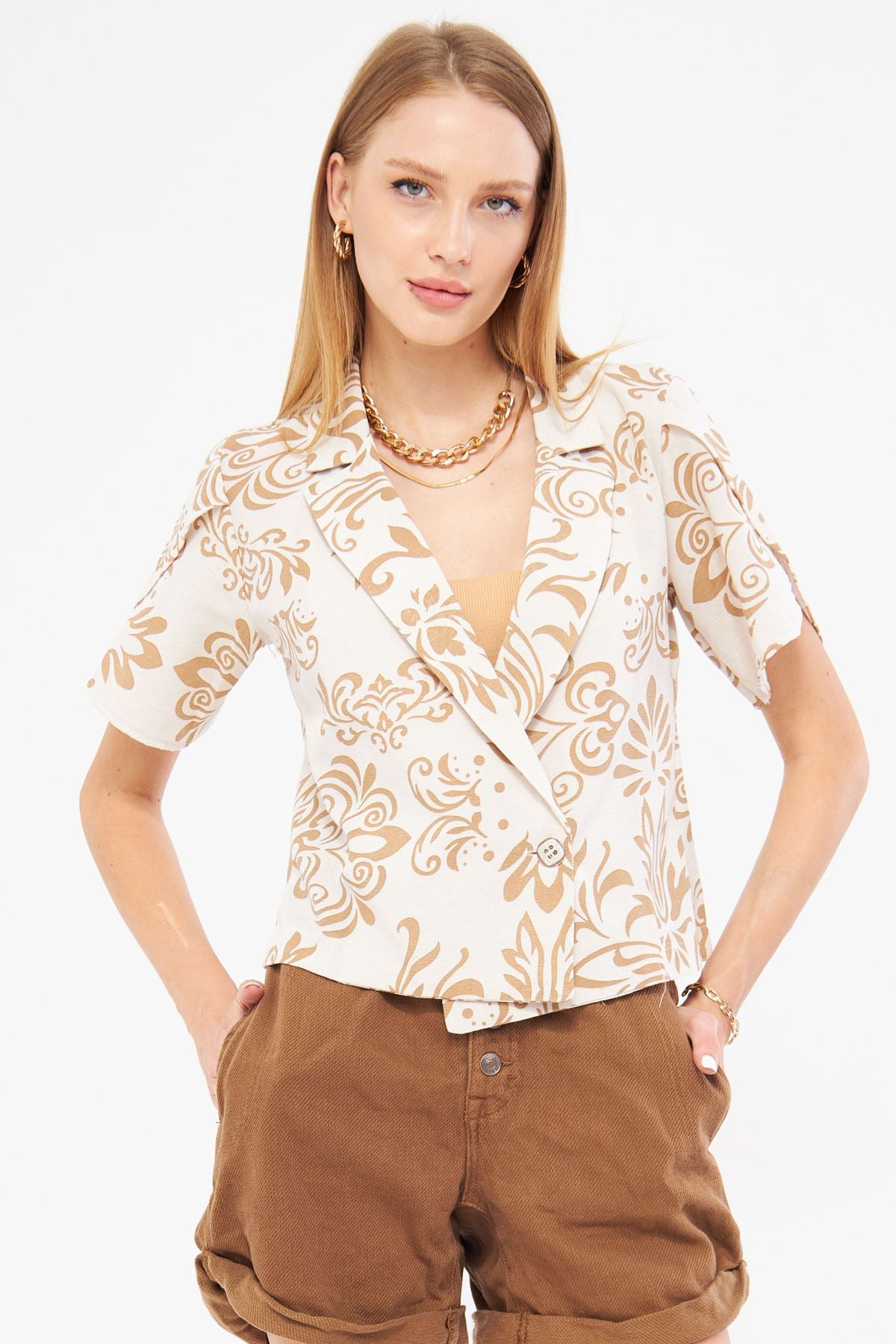 Female mink-linen-looking patterned handle slit Crop Short Sleeve Jacket ARM-24Y001095