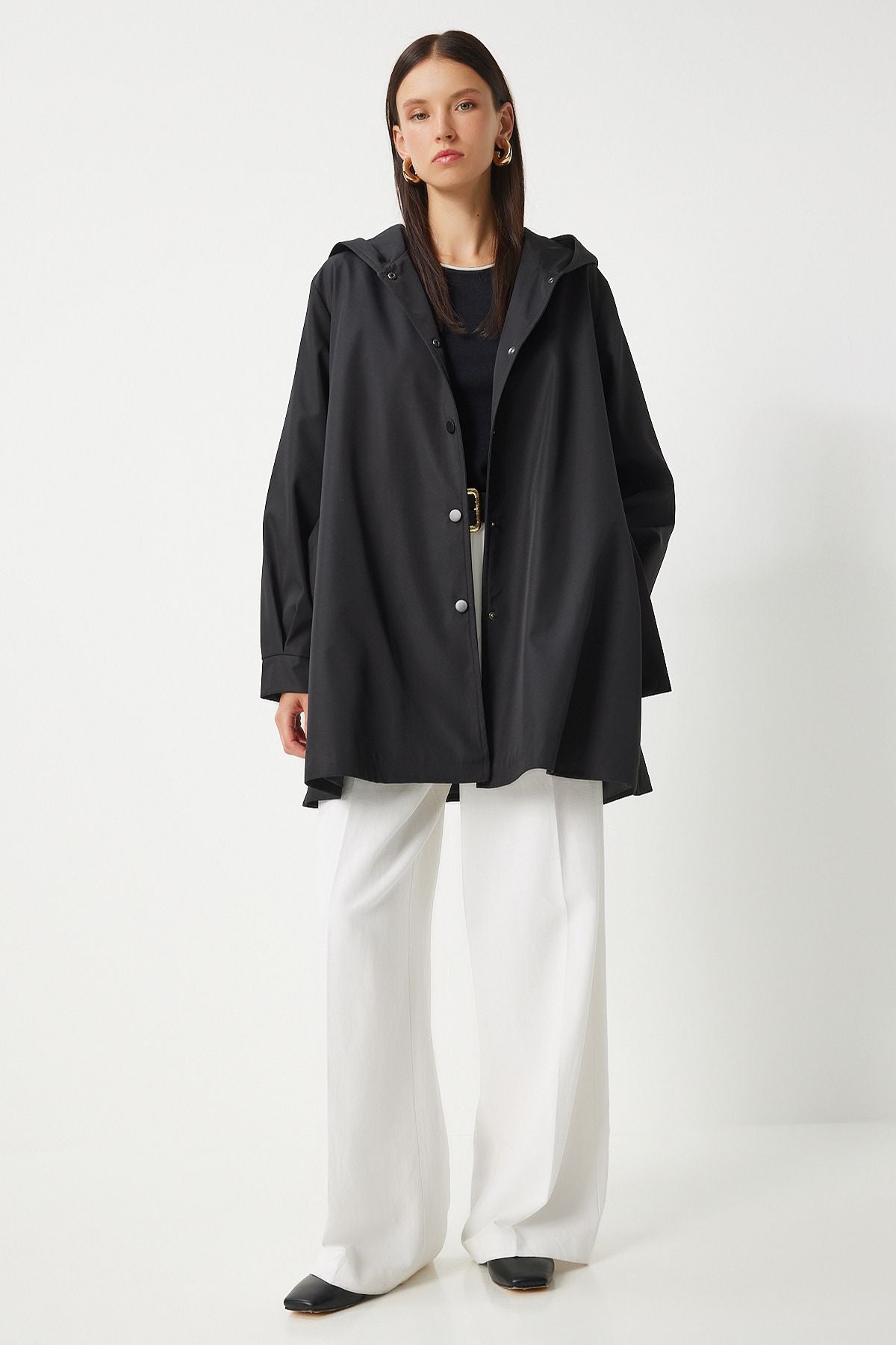 WOMEN'S Black Hooded Born Short Trench Coat DD01335