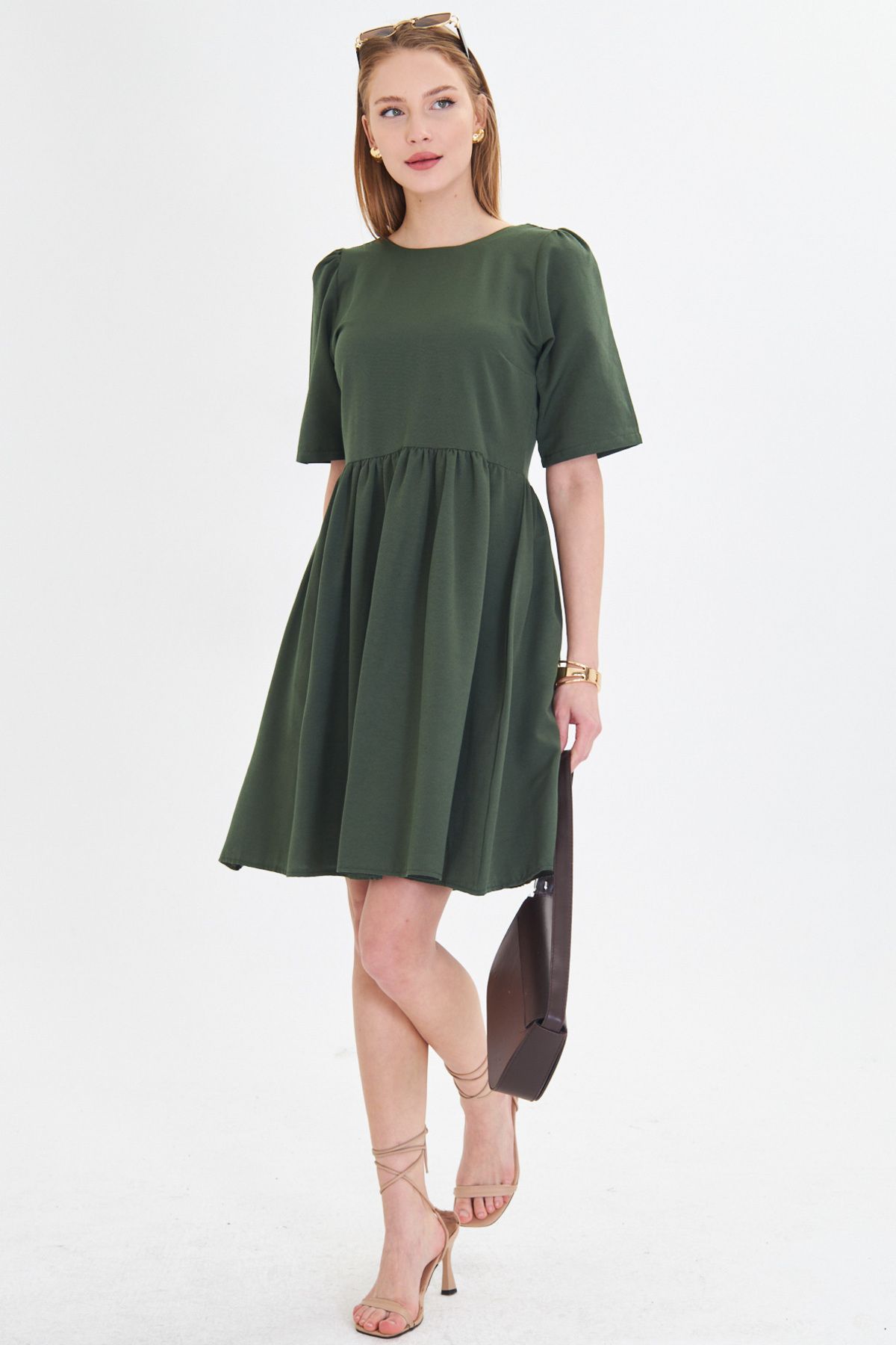 Female Khaki Zero Back Back Zipper Watermelon Arm Waist Shirred Dress ARM-25Y001009