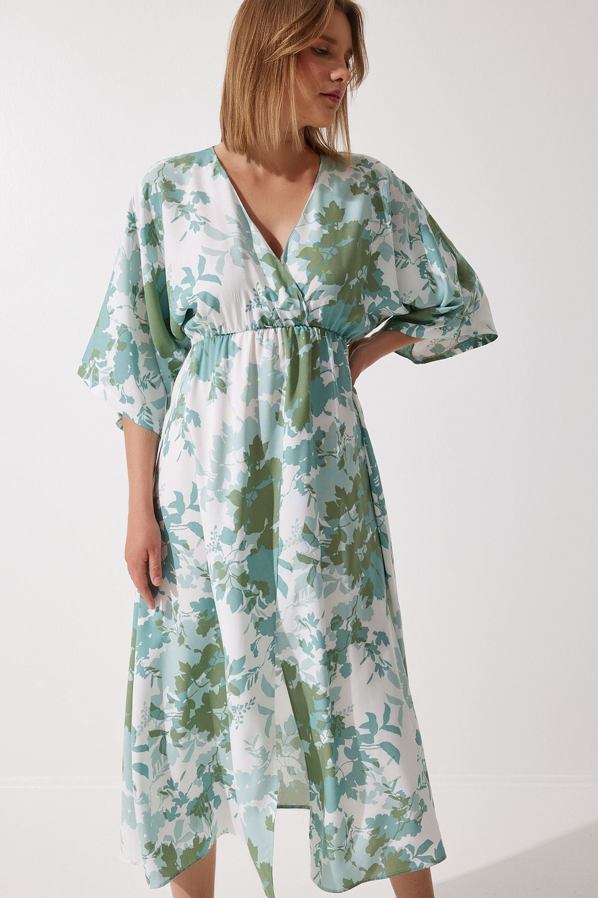 Women's Cagla Green Anvelop Yaka Patterned Summer Viscose Dress DK00166