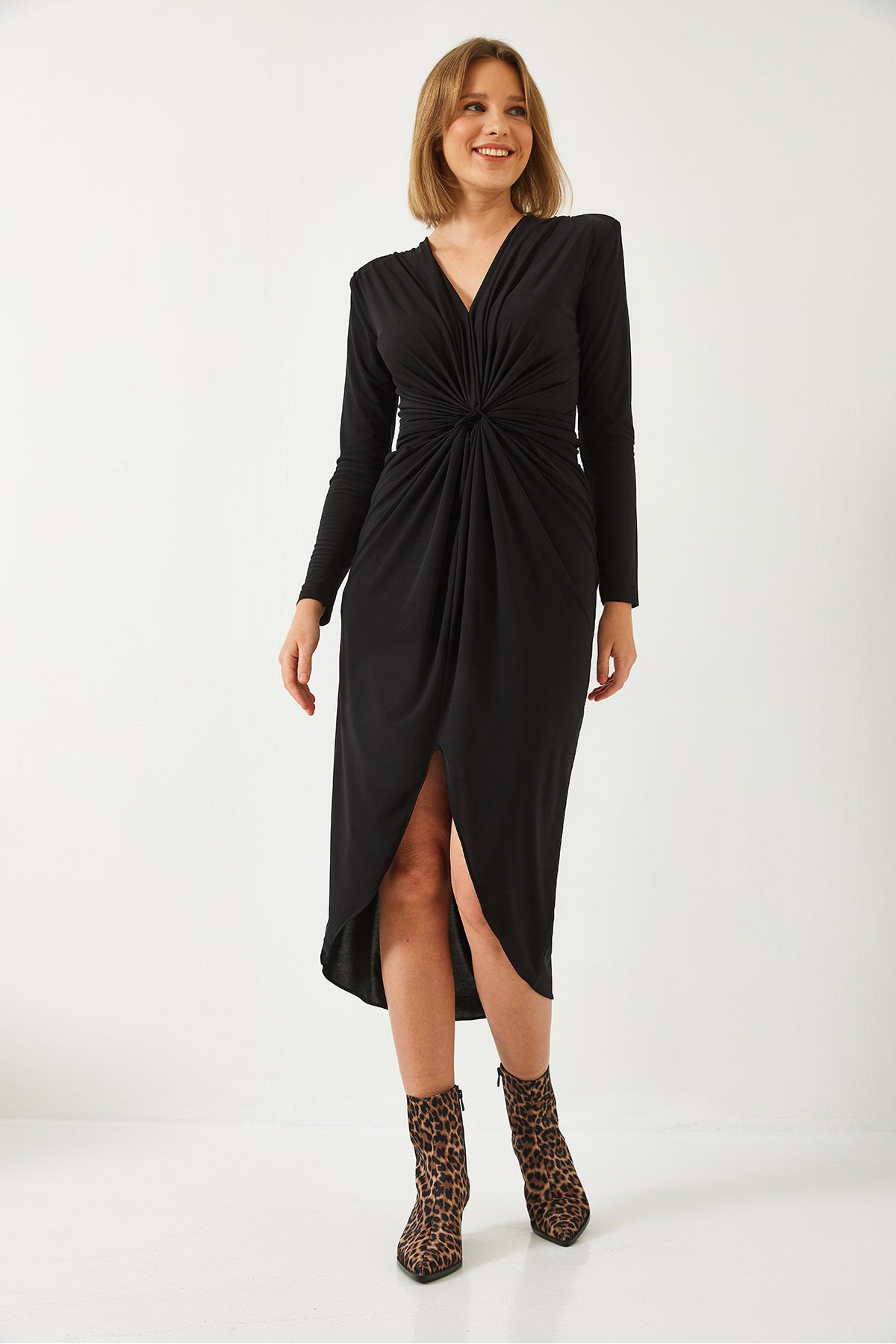 Women's V-neck Gathered Front Candy Fabric Dress 4411 60261154