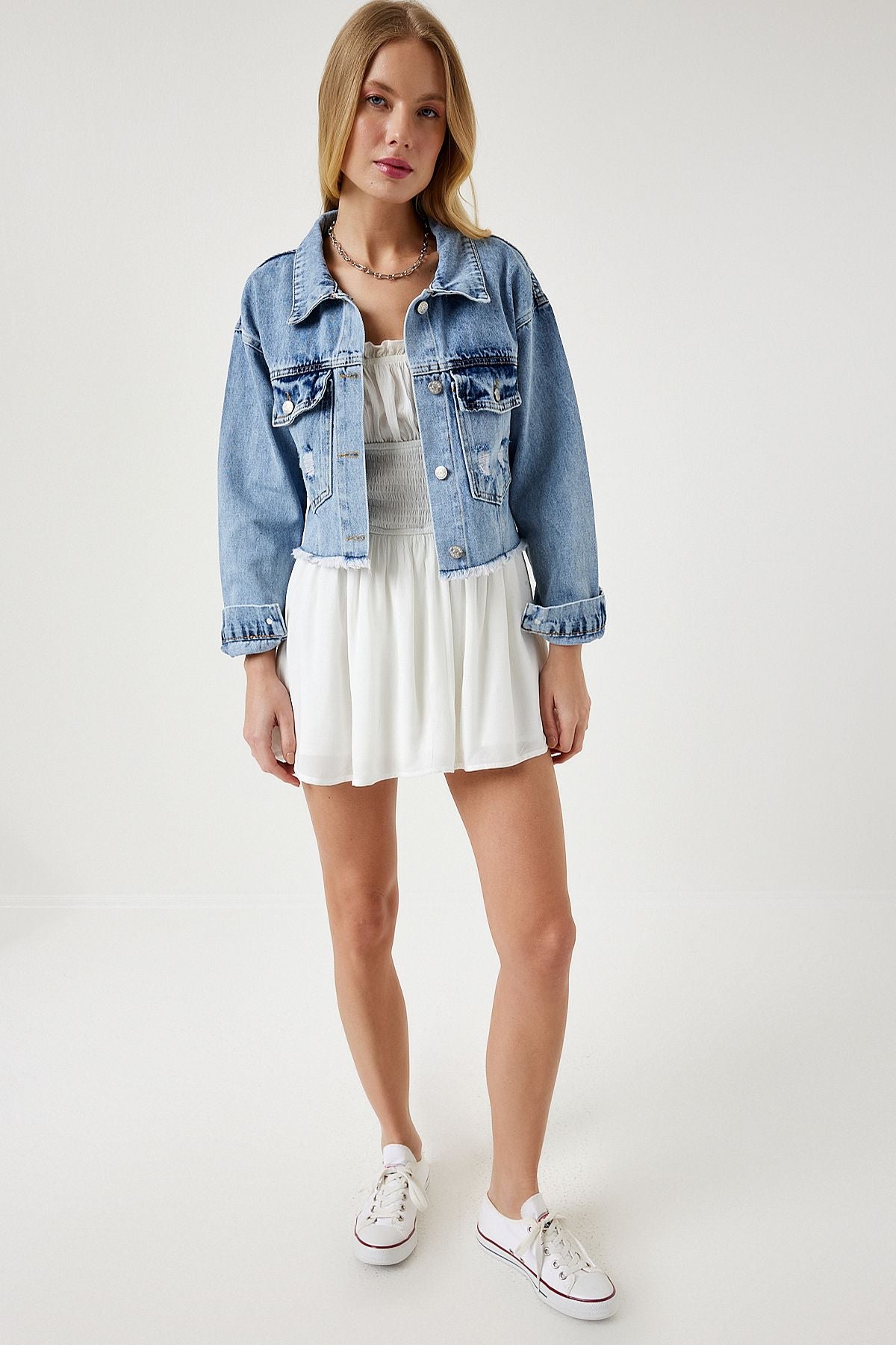 Woman Light Blue Tassel Detailed Denim Crop Jacket RV00159