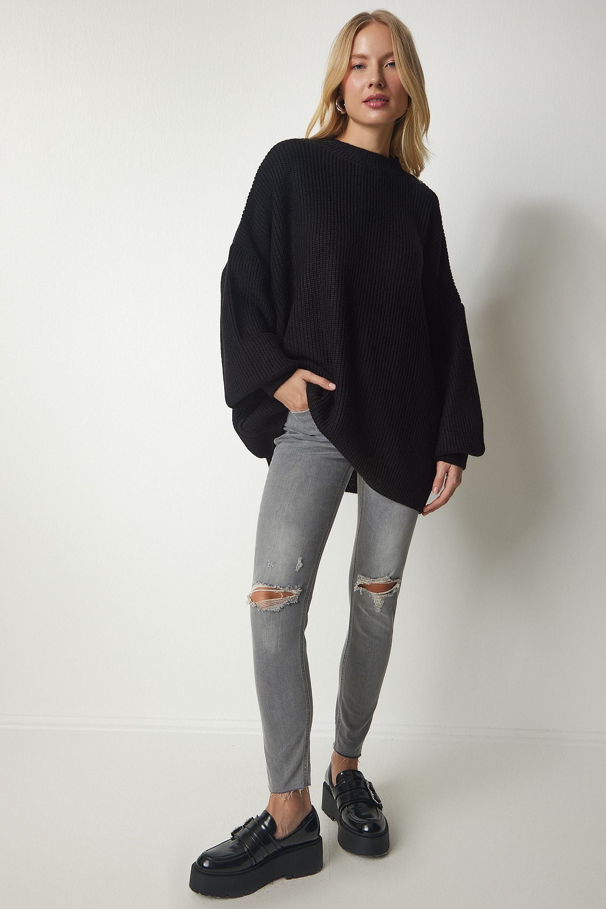 Woman Black Oversize Basic Knitwear Sweater MX00126