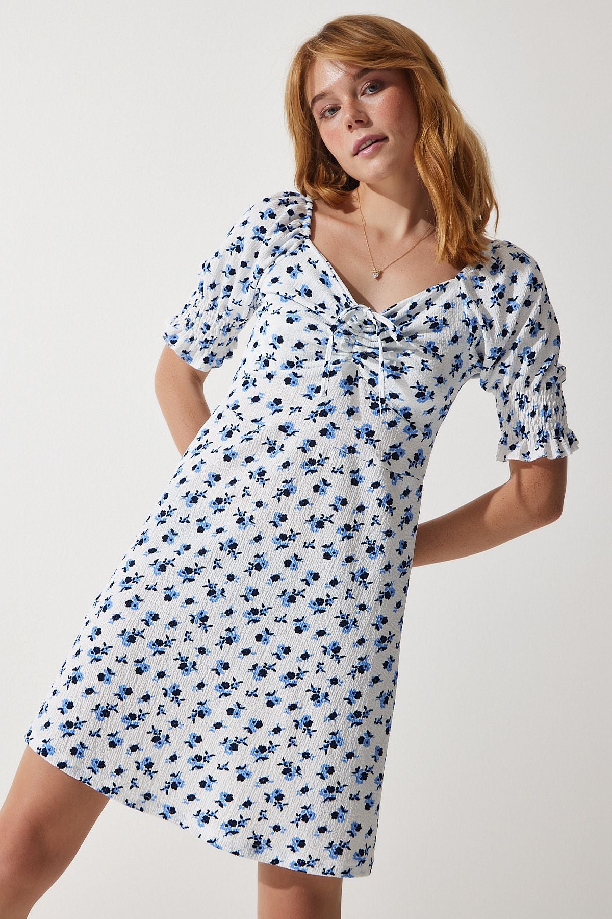 Woman White Shirred V -Neck Patterned Knitting Dress ZV00267
