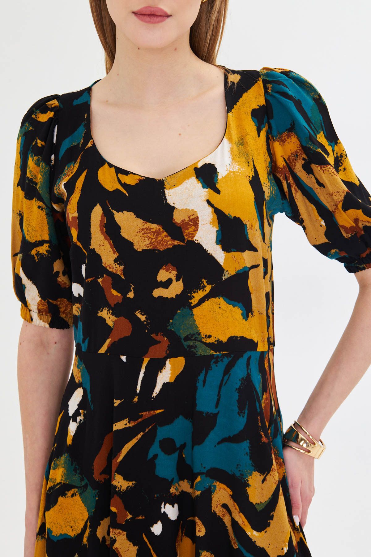 Female mustard u collar arms with rubber midi height height dress ARM-25Y001004