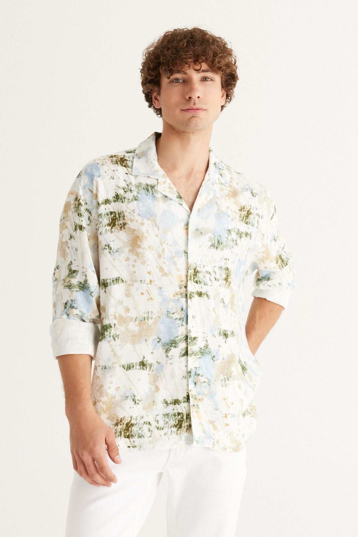 Men's Ecru-Blue Linen Oversize plenty of cut Cuba collar printed shirt