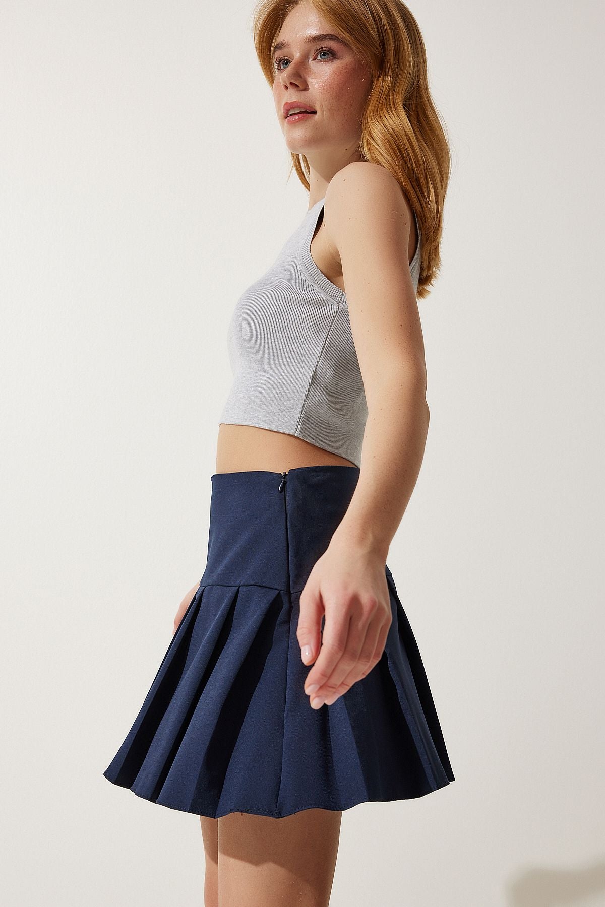 Female Navy Blue Pleated Mini Woven Skirt RV00158