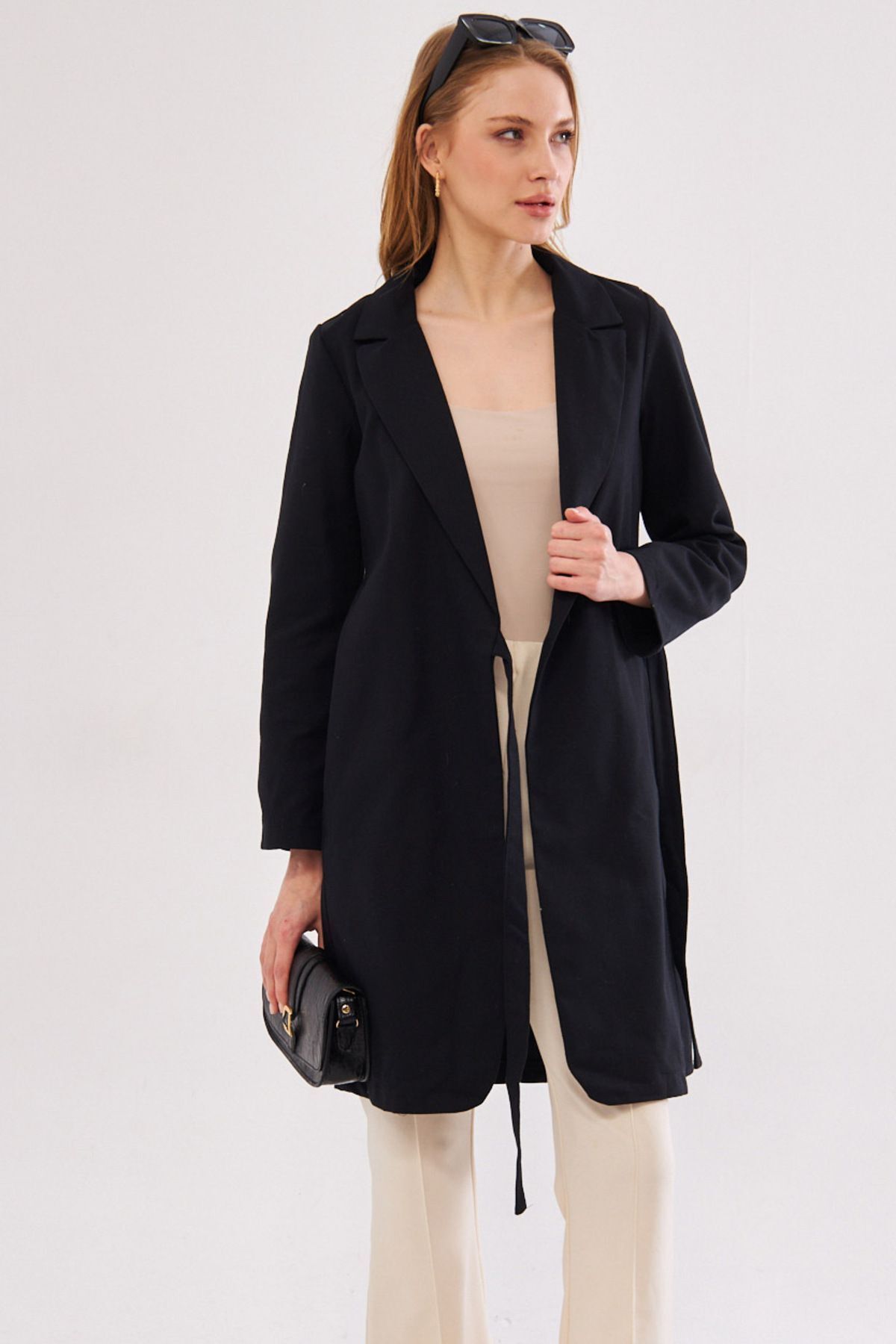 Women's black side tied long coat ARM-24Y001019