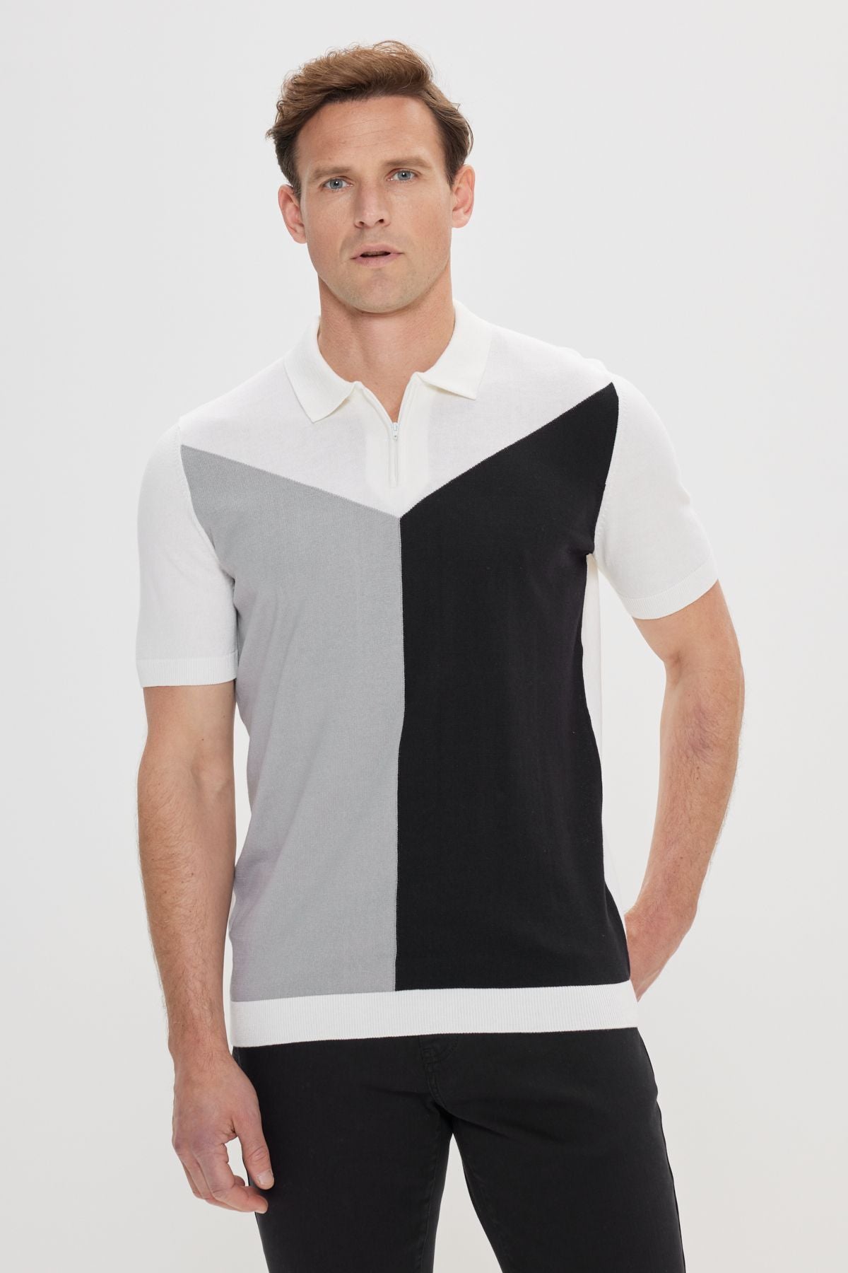 Men's ecru-gray standard fit normal cut 100 %cotton color block Polo Yaka knitwear T-shirt