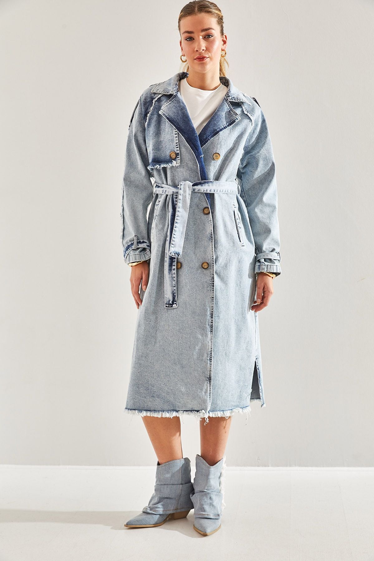 WOMEN'S APOLICED BEDED Jeans Trench Coat 60181038