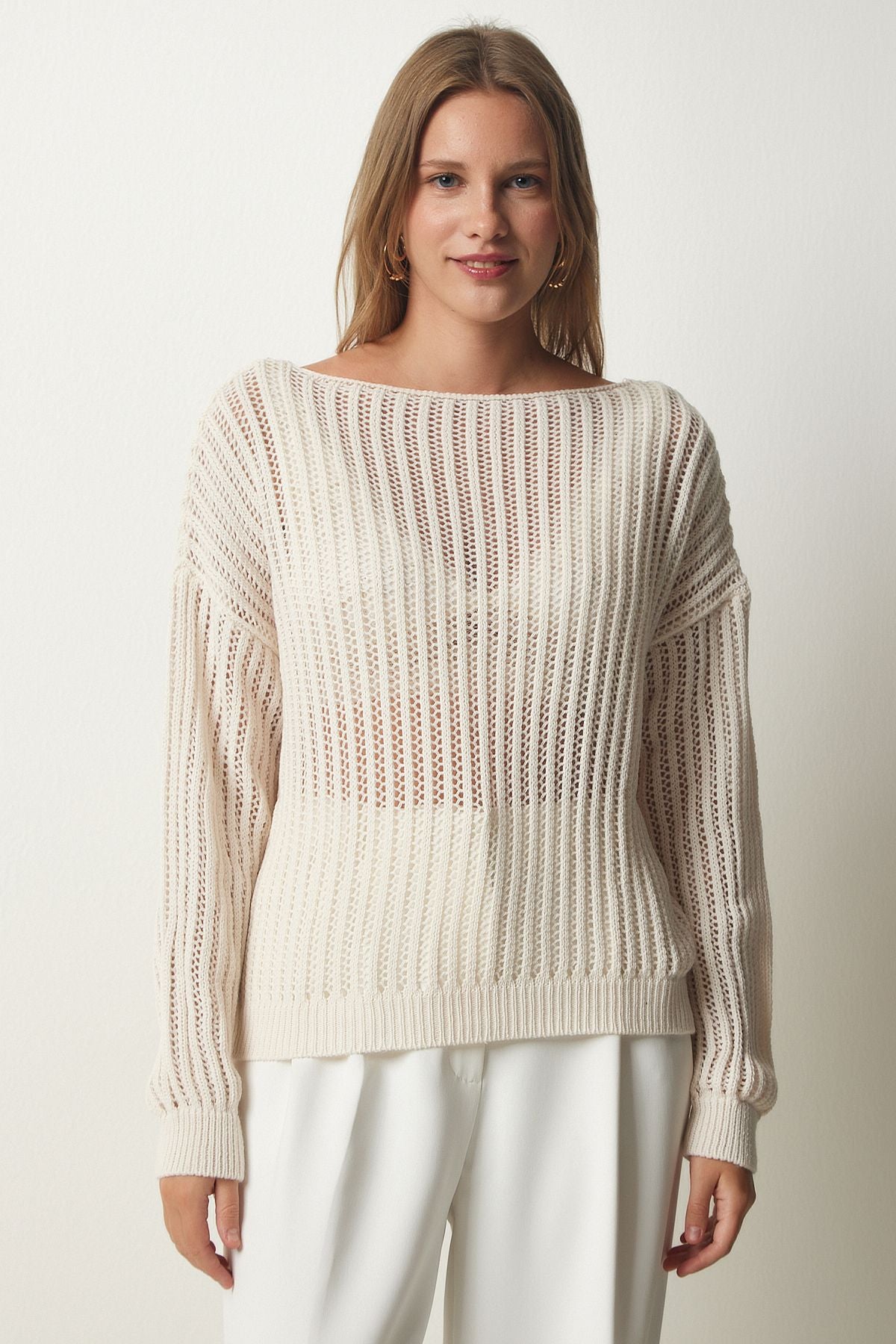 Women's Cream Kayak Yaka Occupational Knitwear Sweater YU00008