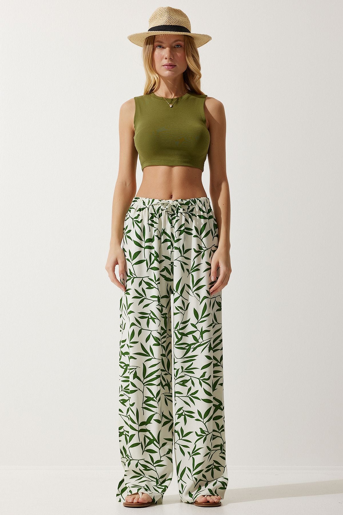 Female Ecru Green Patterned Viscose Palazzo Pants EN00606