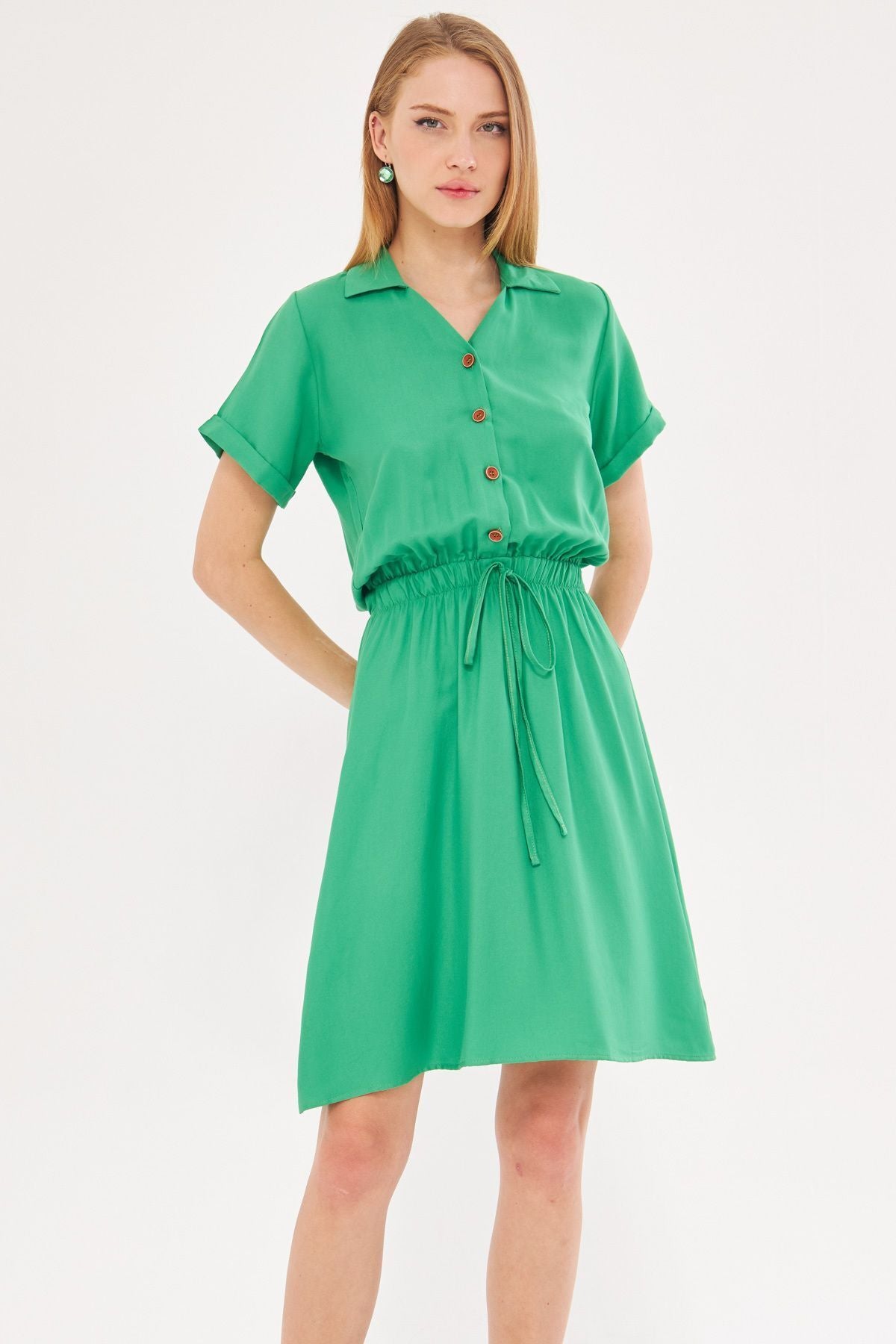 Woman Light Green Waist Tire Short Sleeve Shirt Dress ARM-23Y001035