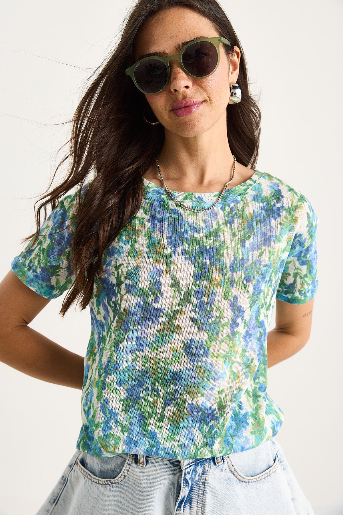 Women's Crew Neck Patterned Digital Printed Regular Summer Knitted T-Shirt 60282015