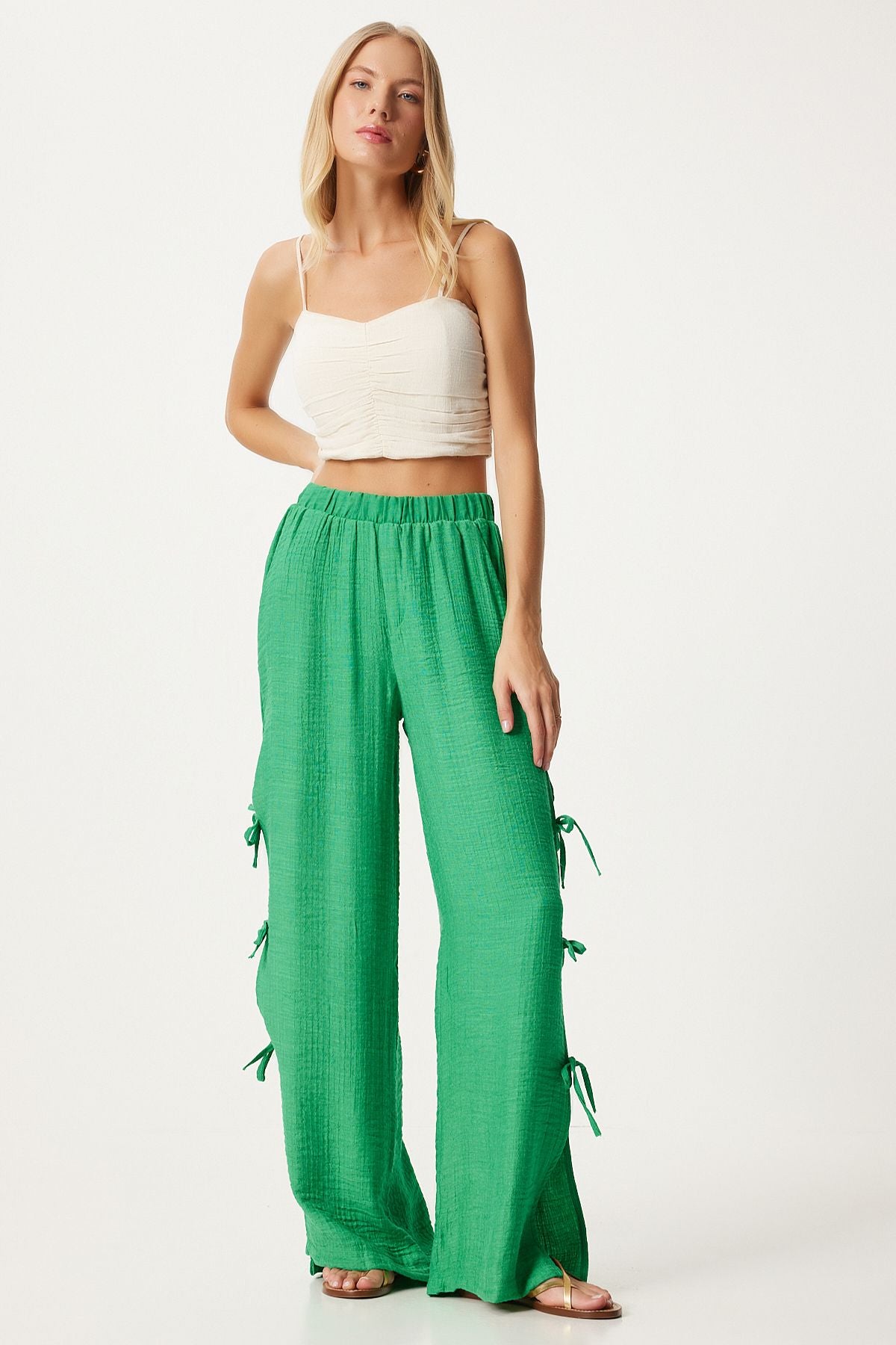 Female Green Bow Slit Flax Pants FN03298
