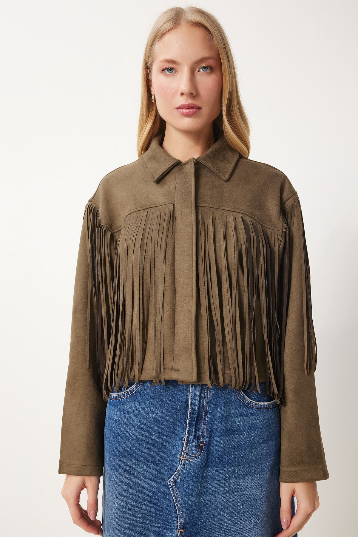 Female Khaki shirt collar tassel suede jacket DP00222