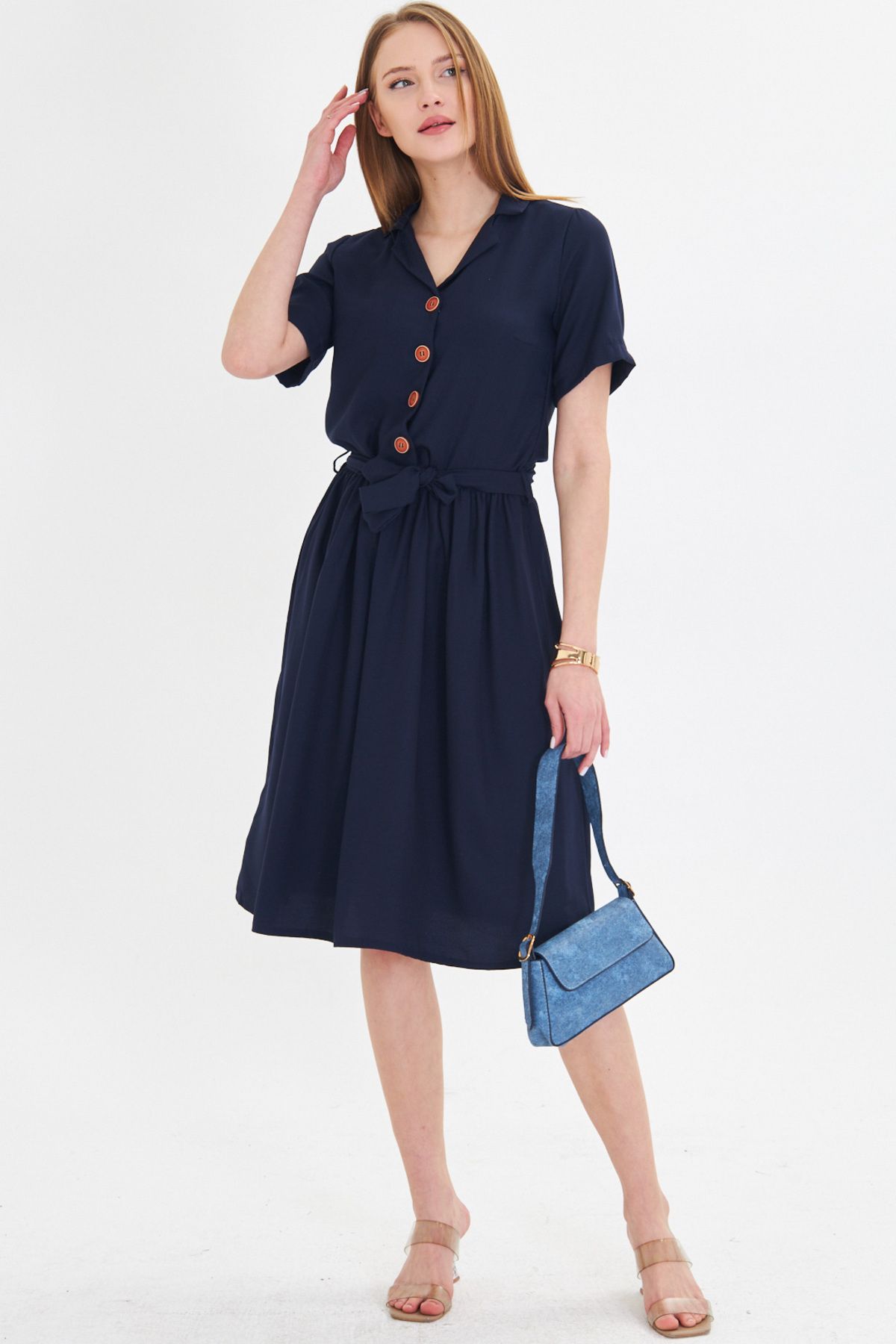 Woman Navy blue front buttoned waist shirred belt midi size dress ARM-24Y001068
