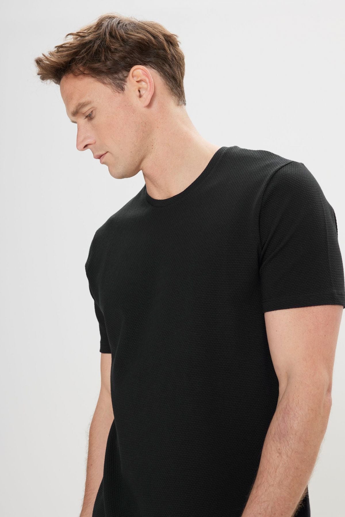 Men's black slim fit narrow cut modal bike collar soft key flexible basic t -shirt