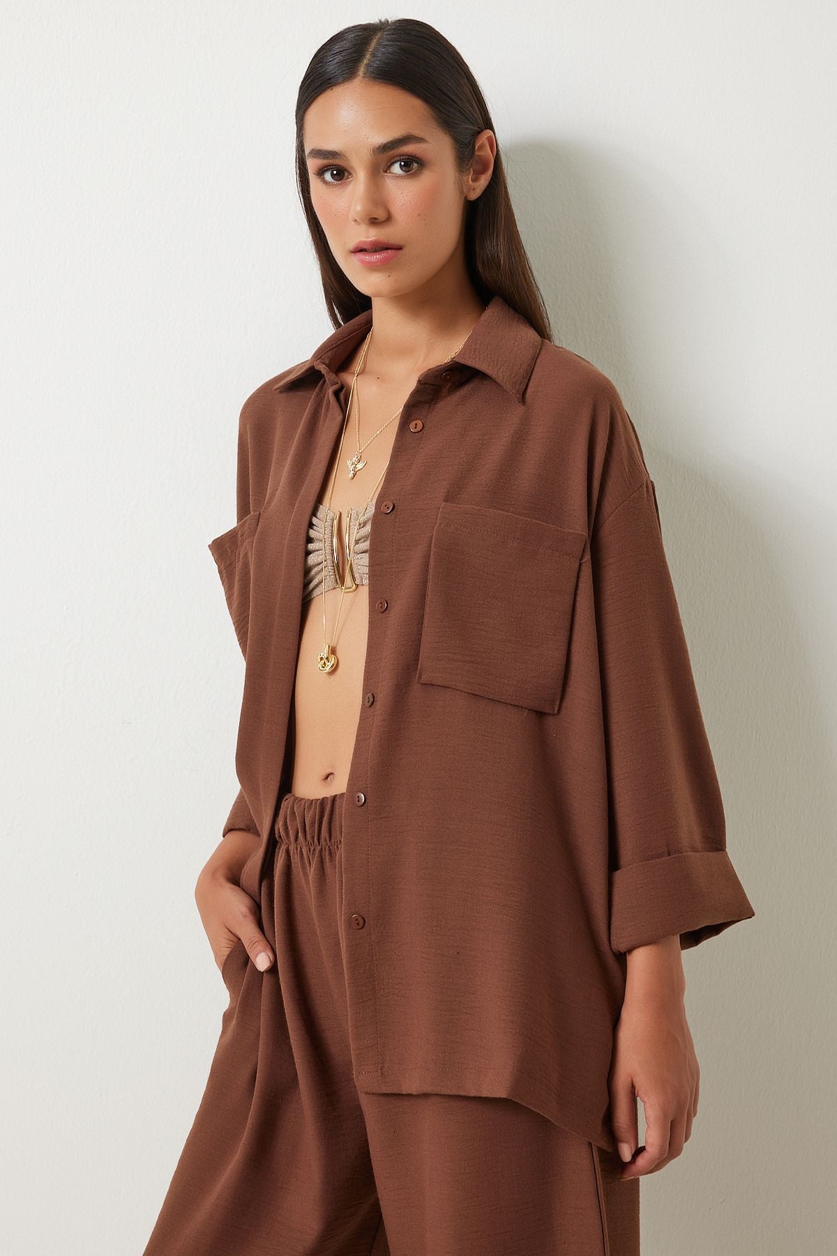 Female brown wide pocket linen mixed shirt pants set FN03205