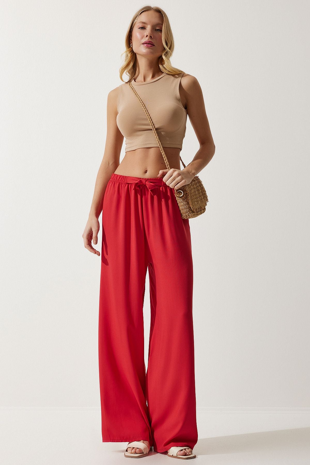 Woman Red Summer Viscose Palazzo Pants EN00610
