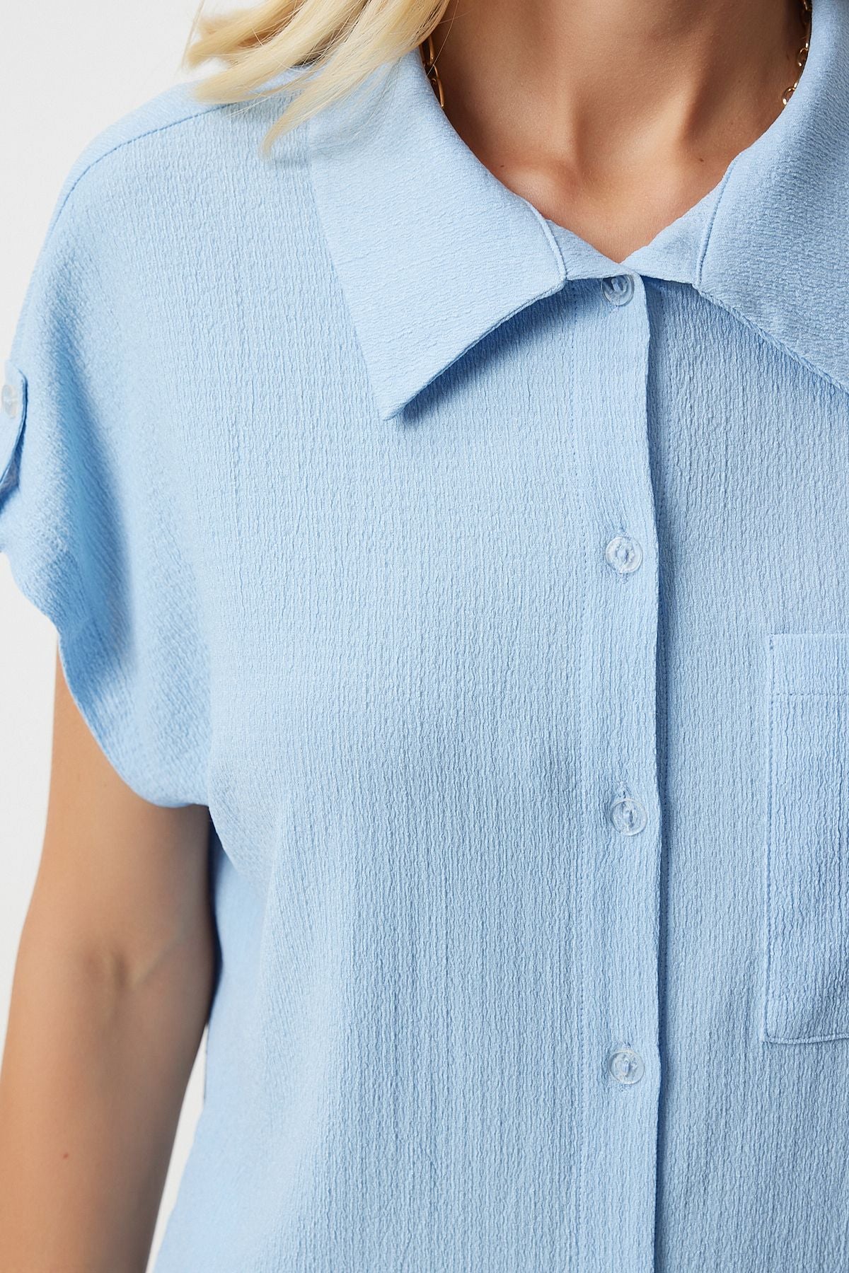Female Sky Blue Pocket Casual Knitting Shirt DD01325