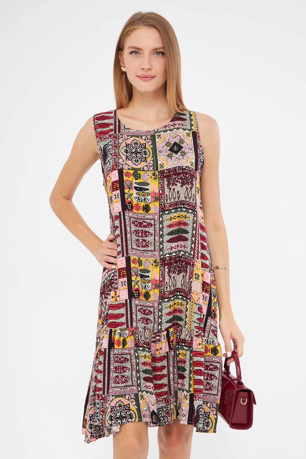 Woman Dark Bordeaux Patterned Sleeveless Skirt Ruffed Dress ARM-22K001142