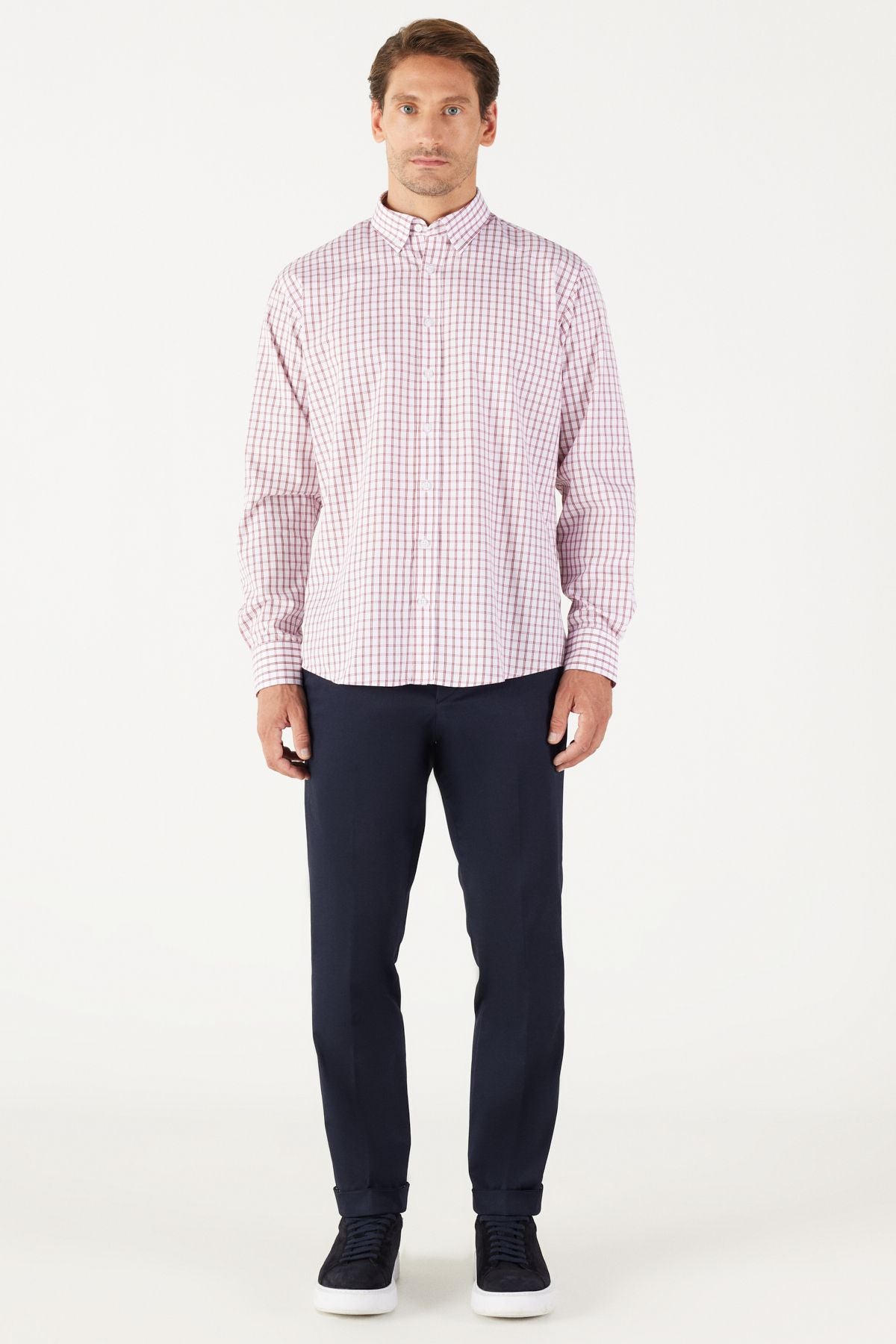 Men's White-Bordo Comfort Fit Casual Cutting Buttoned Neck Cotton Cotton Shirt