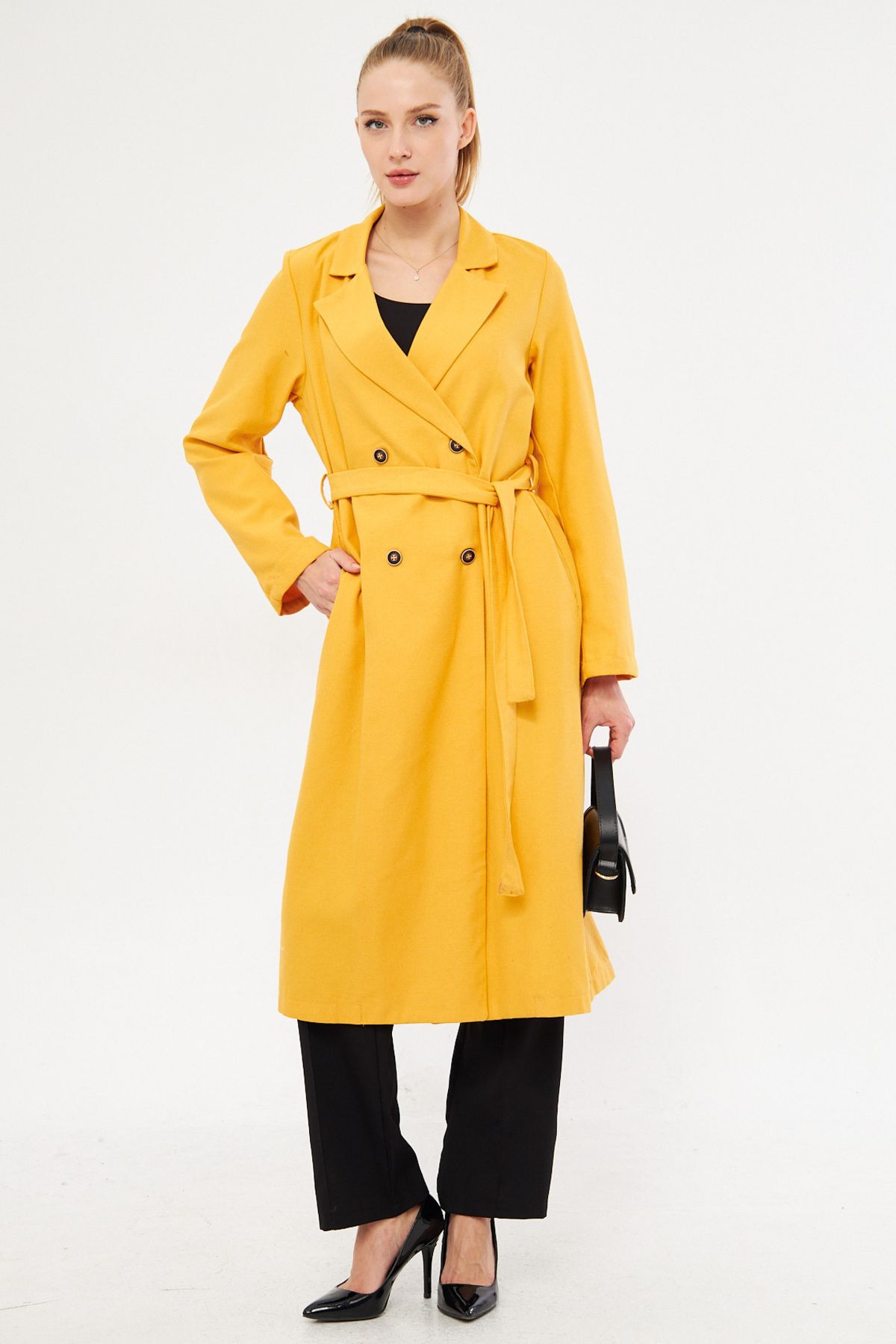 Woman mustard cruiser collar waist belt long trench coat ARM-24K001064