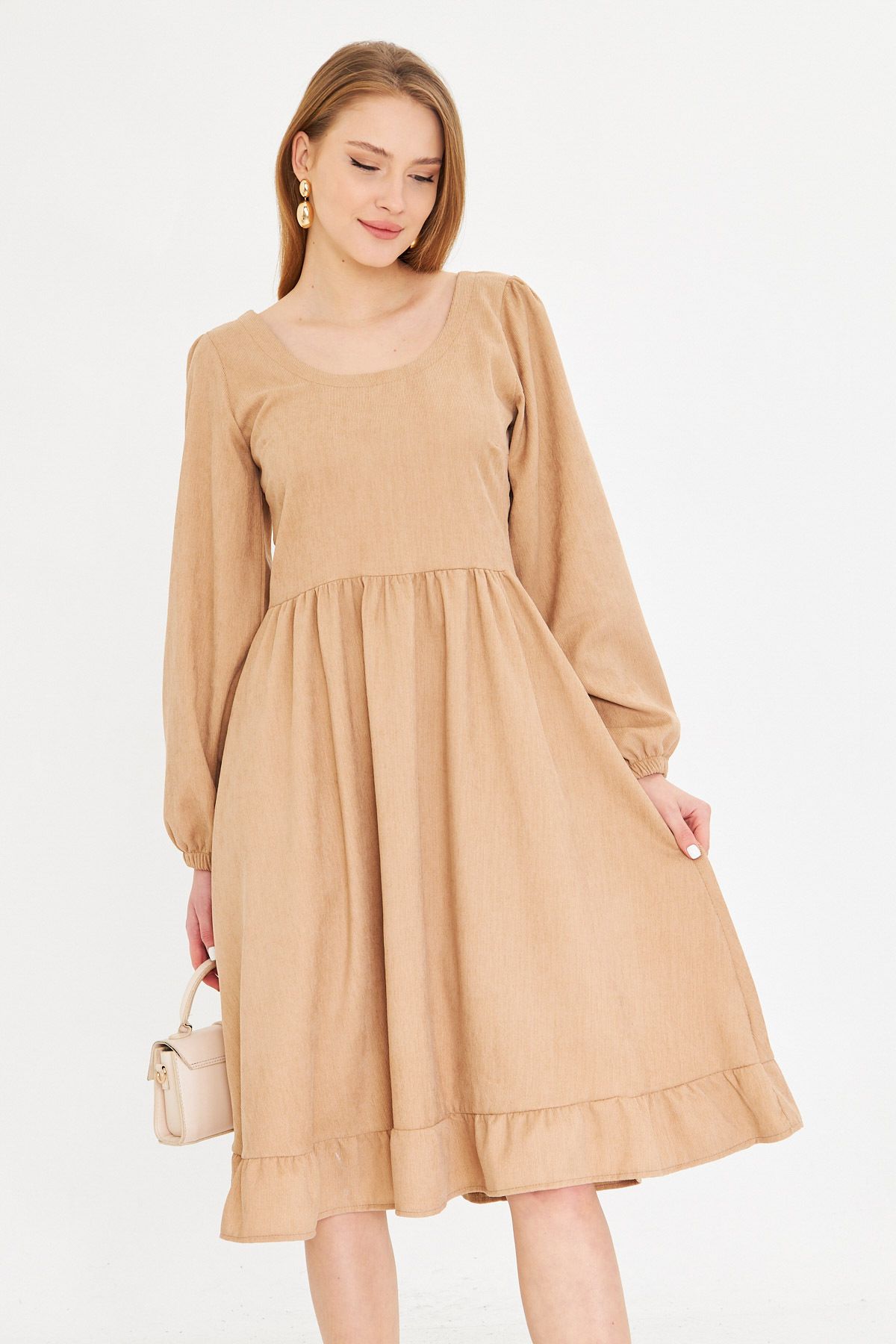 Female Beige U Back Back Zipper Waist Midi Boy Velvet Dress ARM-25K001103