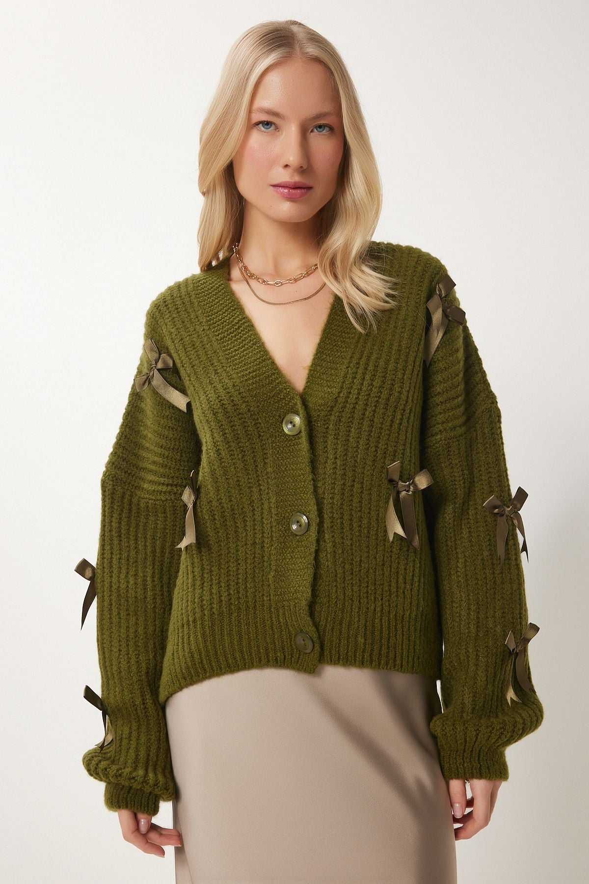 Woman Khaki Bow Triko Cardigan PF00095
