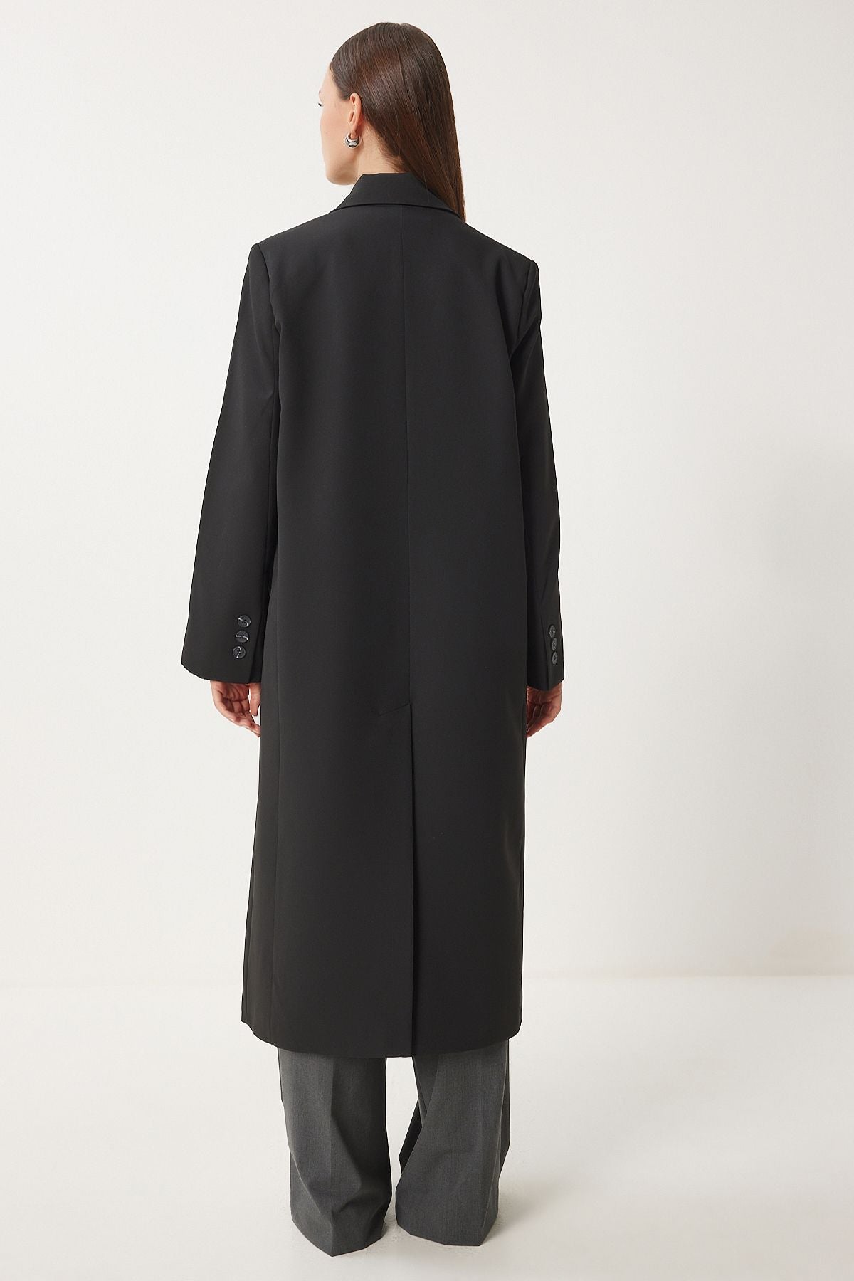 Female Black Shawl Yaka Oversize Premium Woven Jacket Coat FN03381