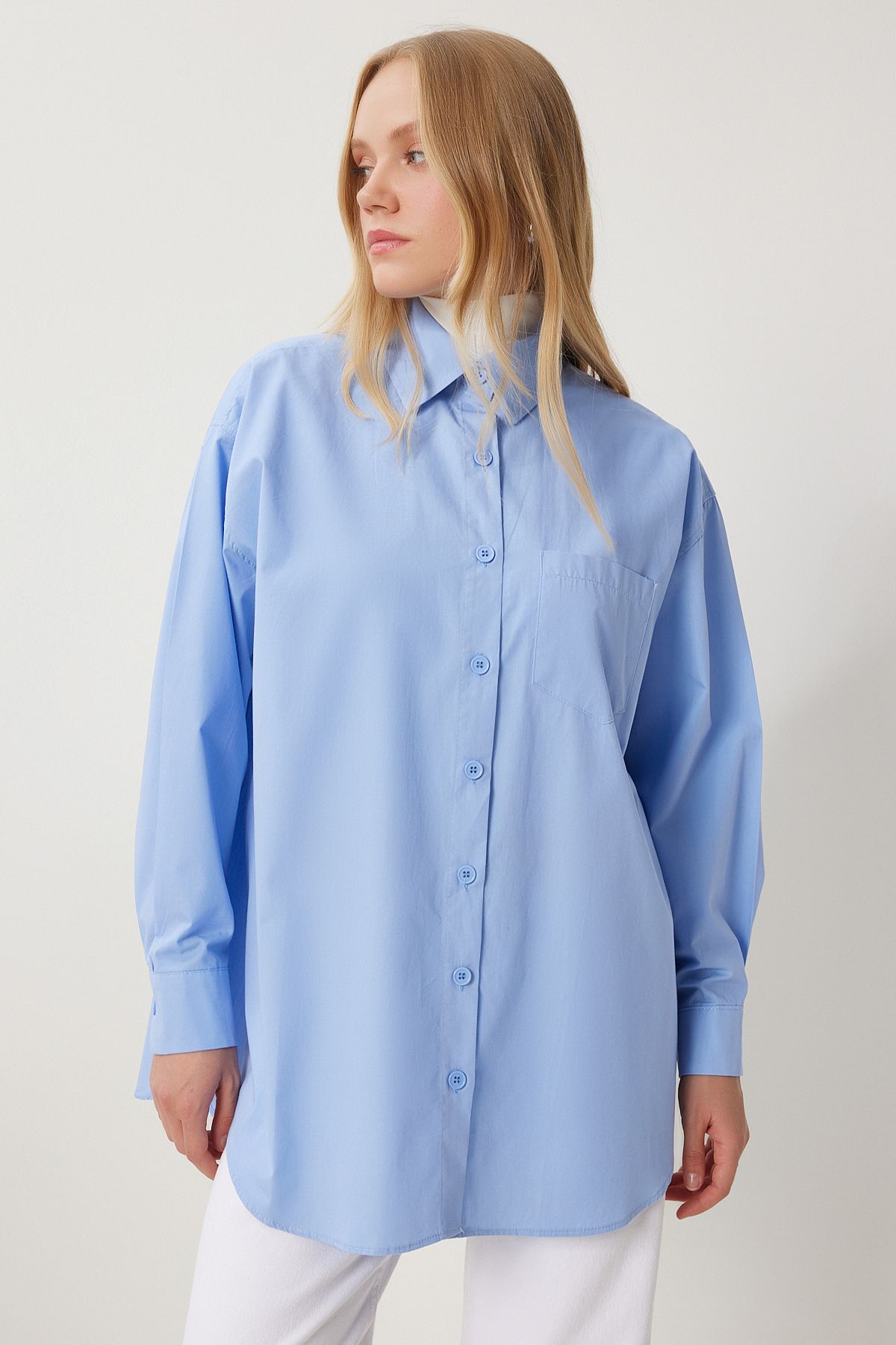 Woman Blue Oversize Long Woven Shirt BP00167